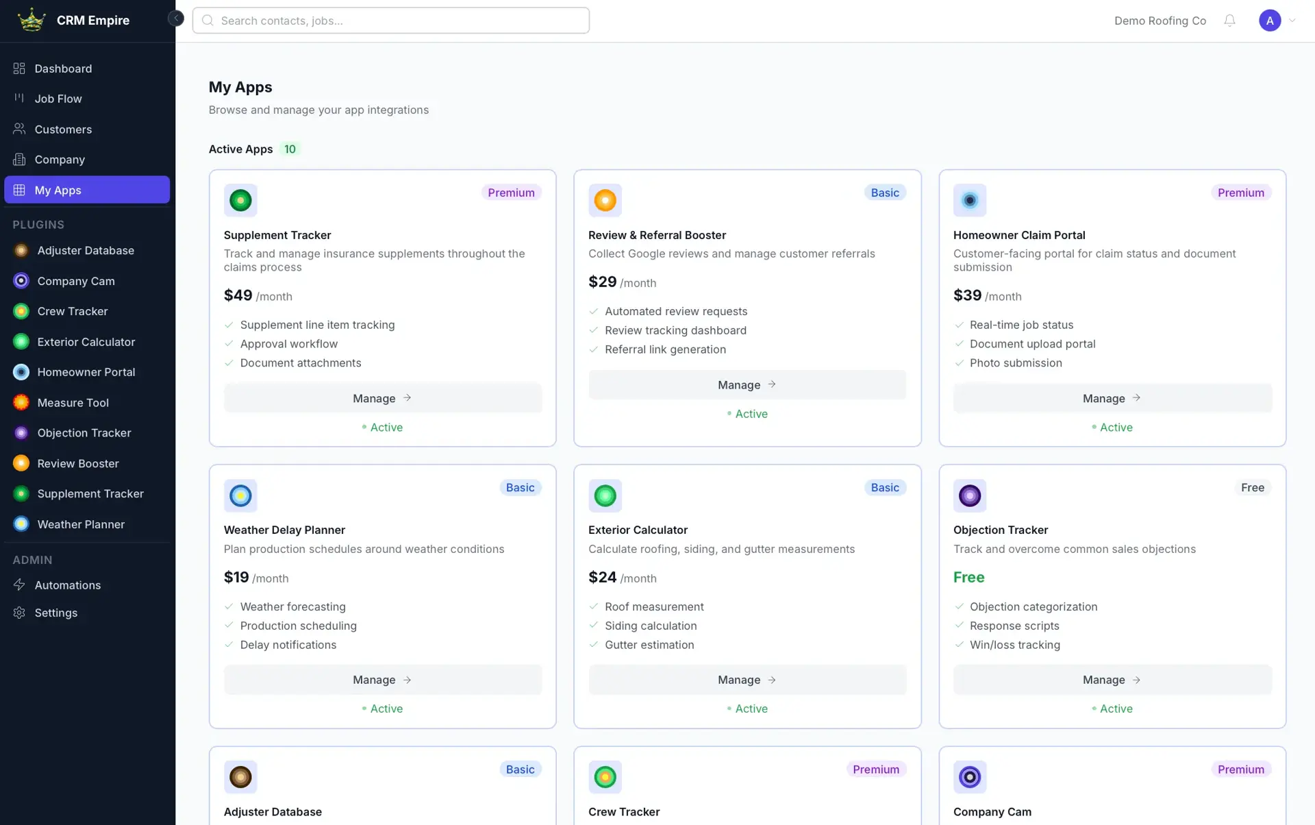 CRM Empire My Apps page showing 10 active app integrations as cards with pricing and features, including Supplement Tracker, Review Booster, and Homeowner Portal