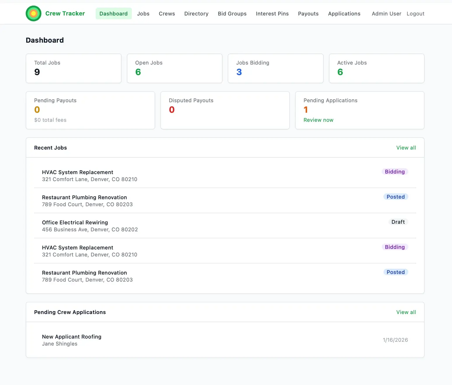 Crew Tracker admin dashboard with stat tiles for total, open, bidding, and active jobs, plus recent jobs and pending crew applications lists