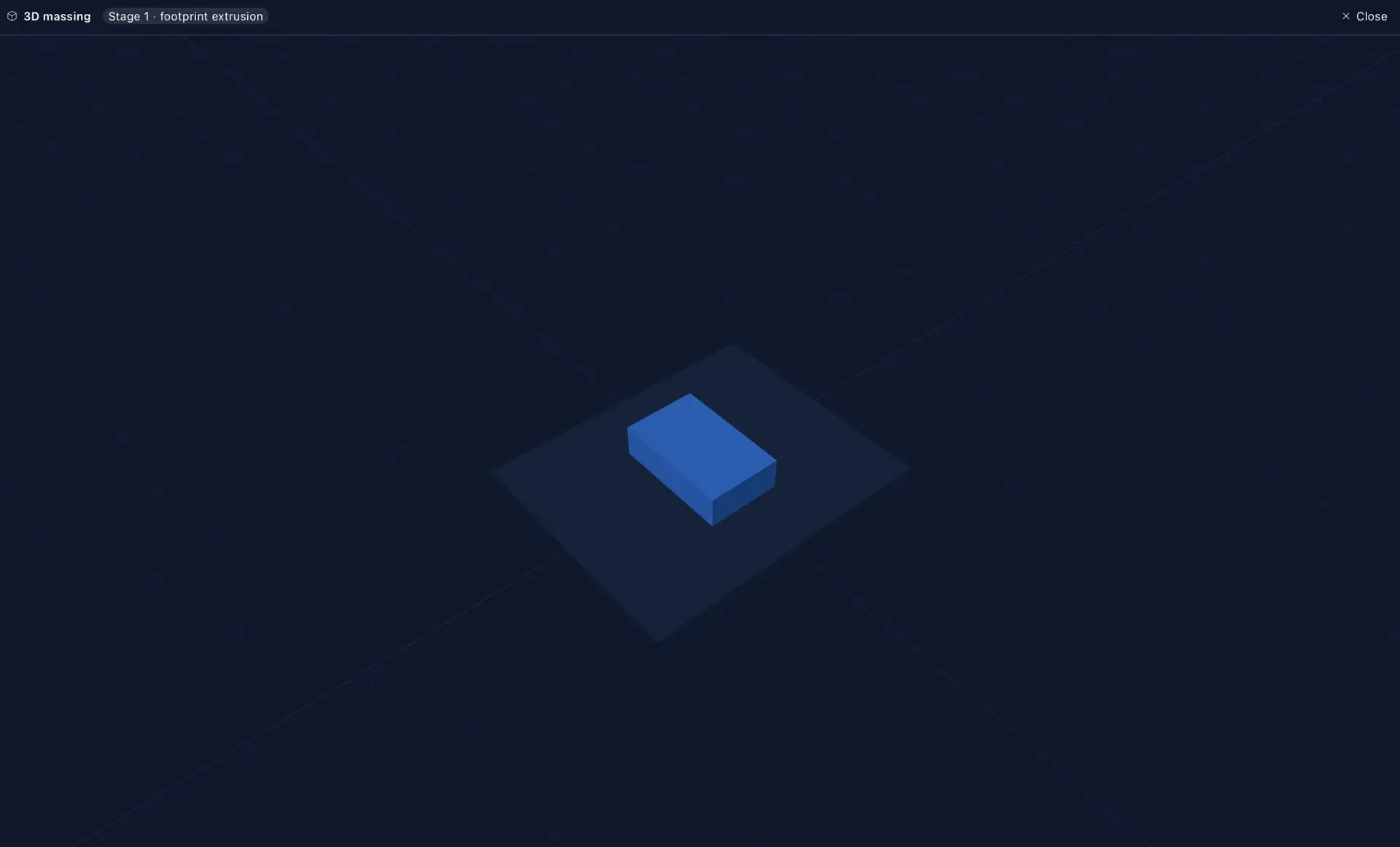 DevSim AI 3D massing view showing a single blue extruded building block on a dark parcel plane, labeled stage 1 footprint extrusion.