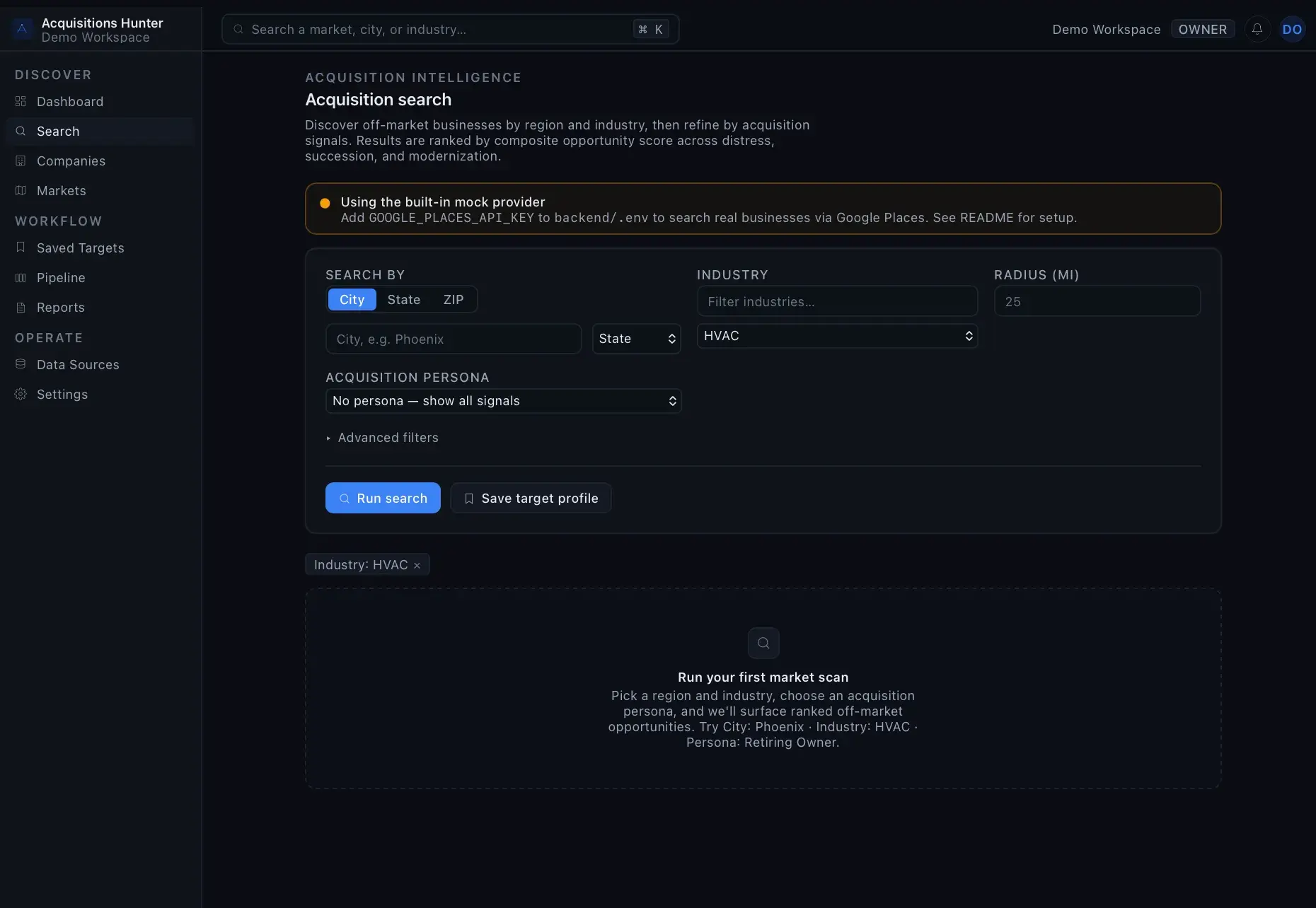Acquisition search screen with fields for city, industry, radius, and acquisition persona, a notice that the built-in mock provider is in use, and an empty results state.
