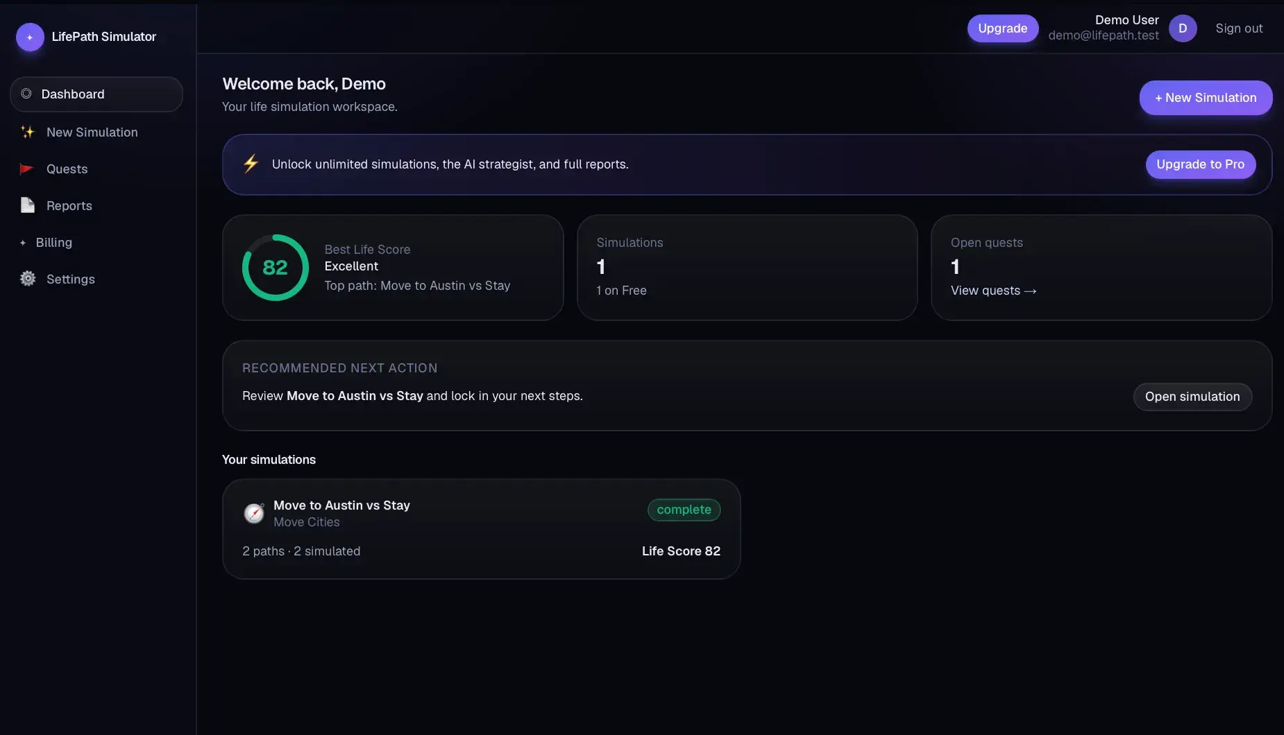 LifePath Simulator dashboard showing Best Life Score 82, simulation and quest counts, a recommended next action, and one completed 'Move to Austin vs Stay' simulation.