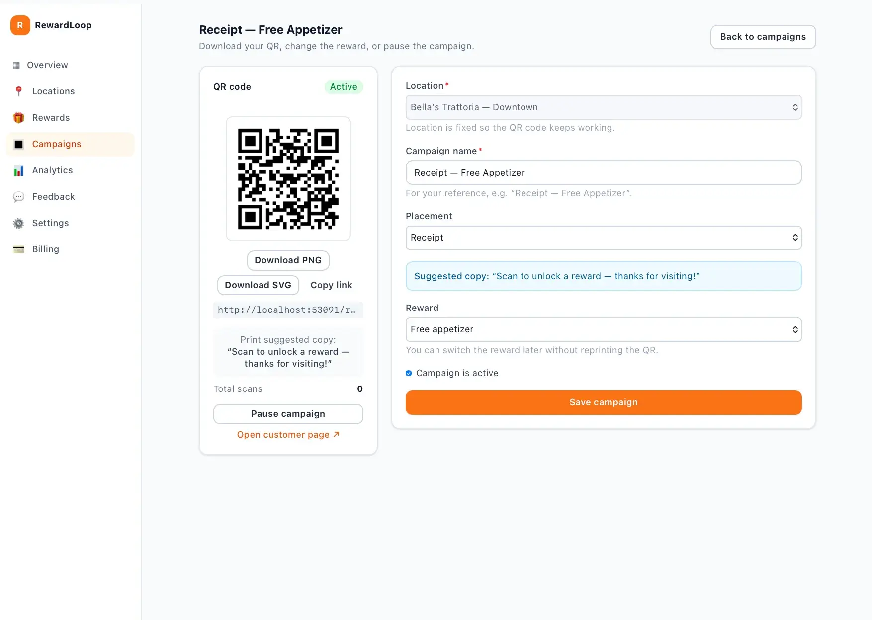 Campaign editor for a receipt QR promoting a free appetizer, showing the generated QR code with download and pause options beside location, placement, and reward fields.