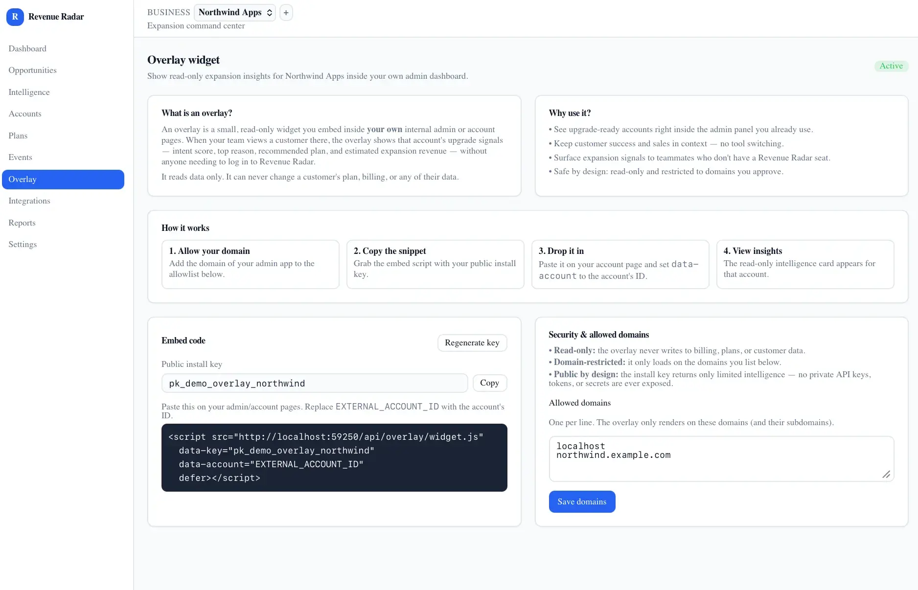 Overlay widget settings explaining the embeddable read-only insights card, with embed code, public install key, and allowed-domains configuration.