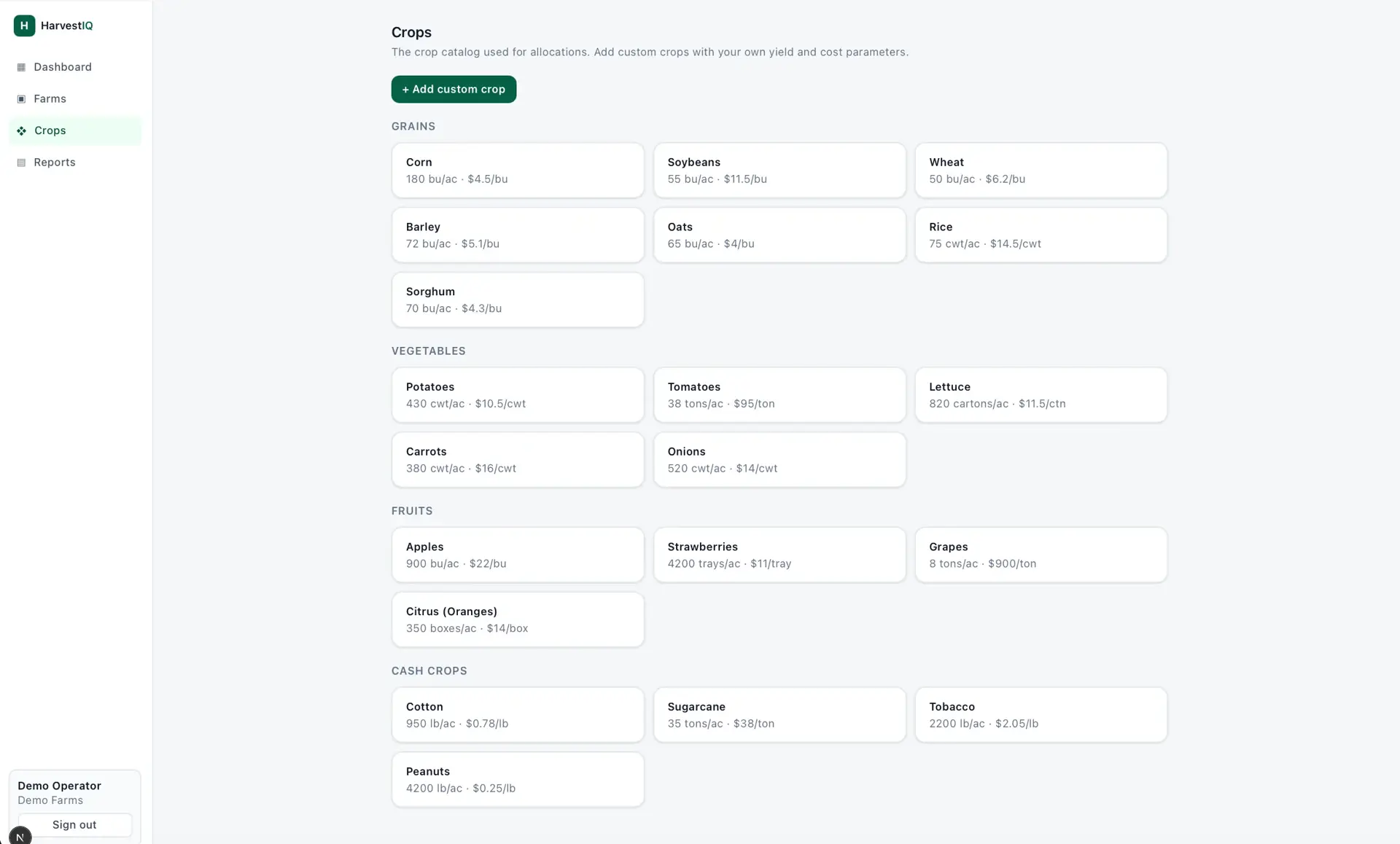 HarvestIQ Crops catalog grouped into grains, vegetables, fruits, and cash crops, each crop card showing yield and price per unit.