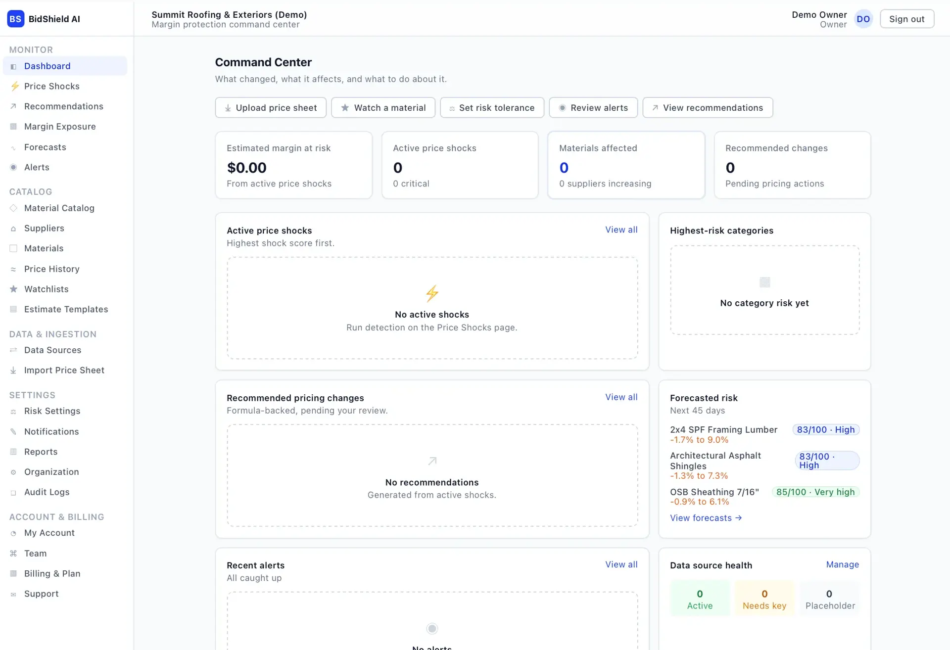 BidShield AI command center dashboard for a demo roofing company with zeroed margin-at-risk and shock tiles, empty active-shock and recommendation panels, and a 45-day forecasted risk list.