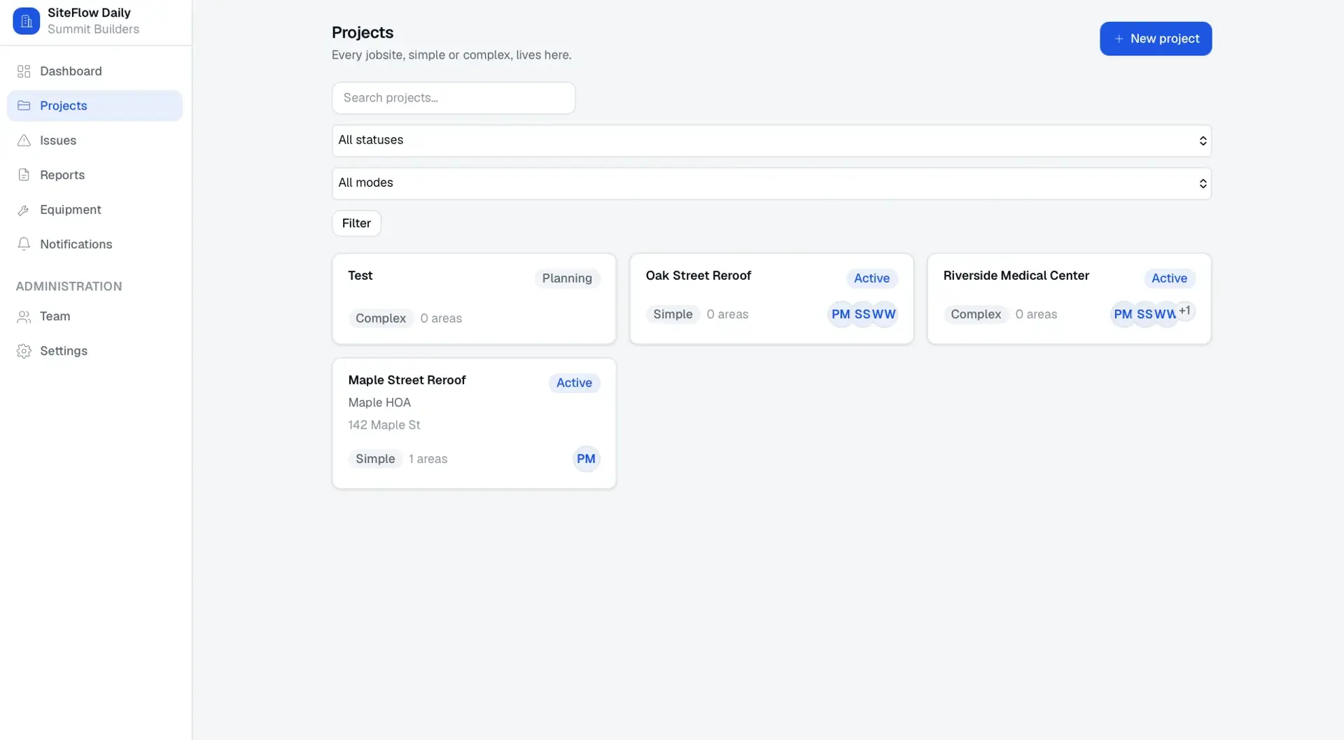 SiteFlow Projects page with search and status filters and cards for Test, Oak Street Reroof, Riverside Medical Center, and Maple Street Reroof
