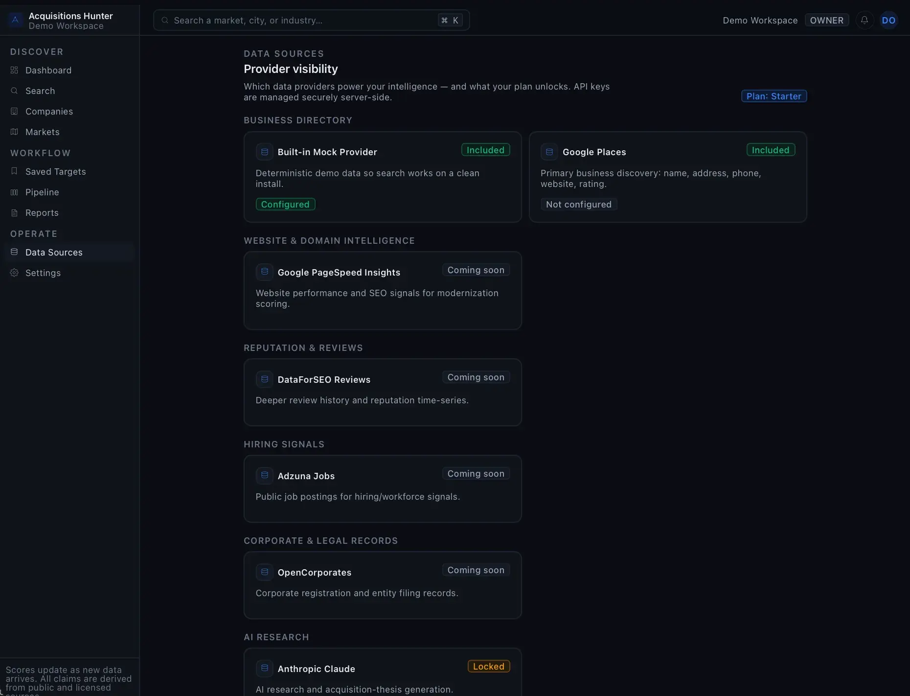 Acquisition Hunter data sources page showing provider cards grouped by category with status badges: mock provider and Google Places included, others marked coming soon or locked.