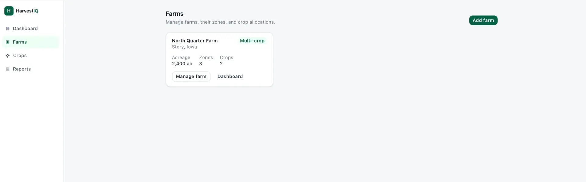 HarvestIQ Farms page with one farm card, North Quarter Farm in Story, Iowa (2,400 ac, 3 zones, 2 crops), plus Manage farm and Add farm buttons.