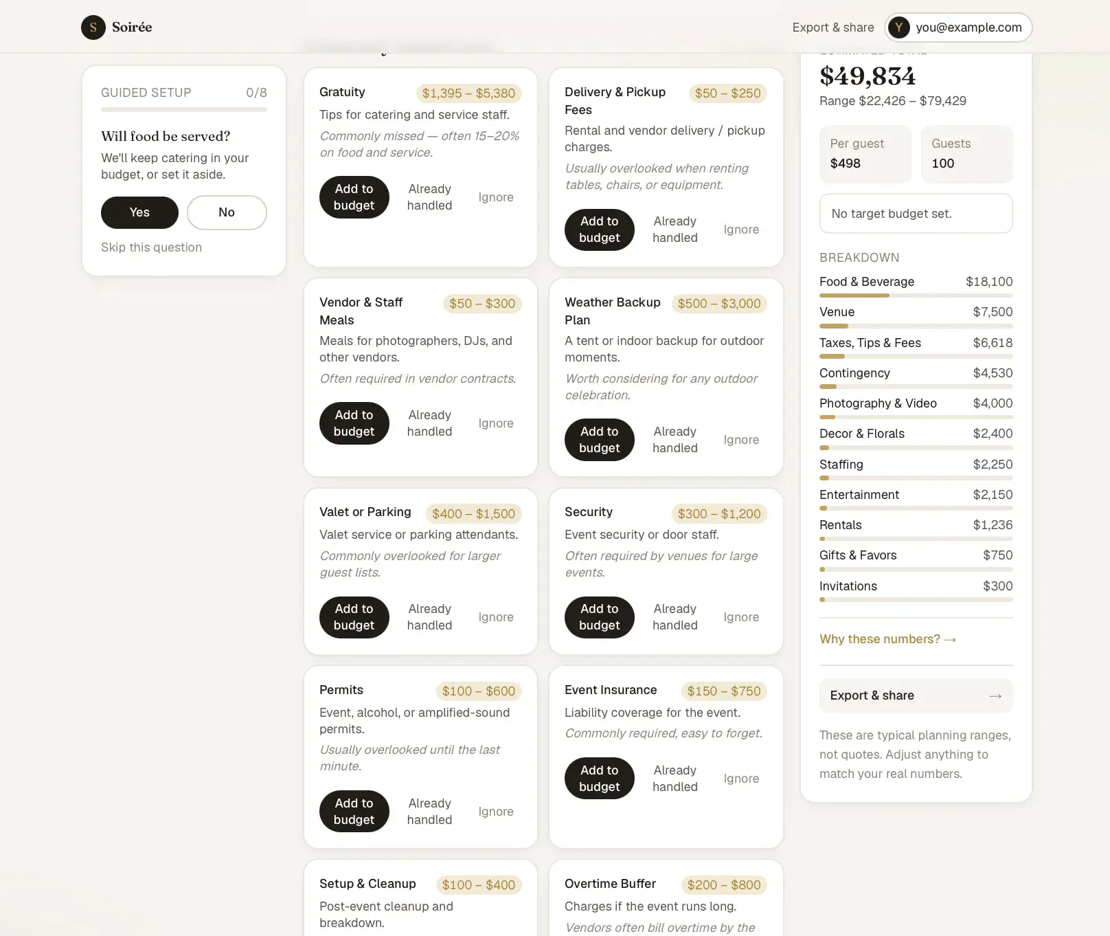 Soirée hidden-costs review grid with cards for gratuity, delivery fees, weather backup, valet, permits, and event insurance, each offering Add to budget, Already handled, or Ignore.