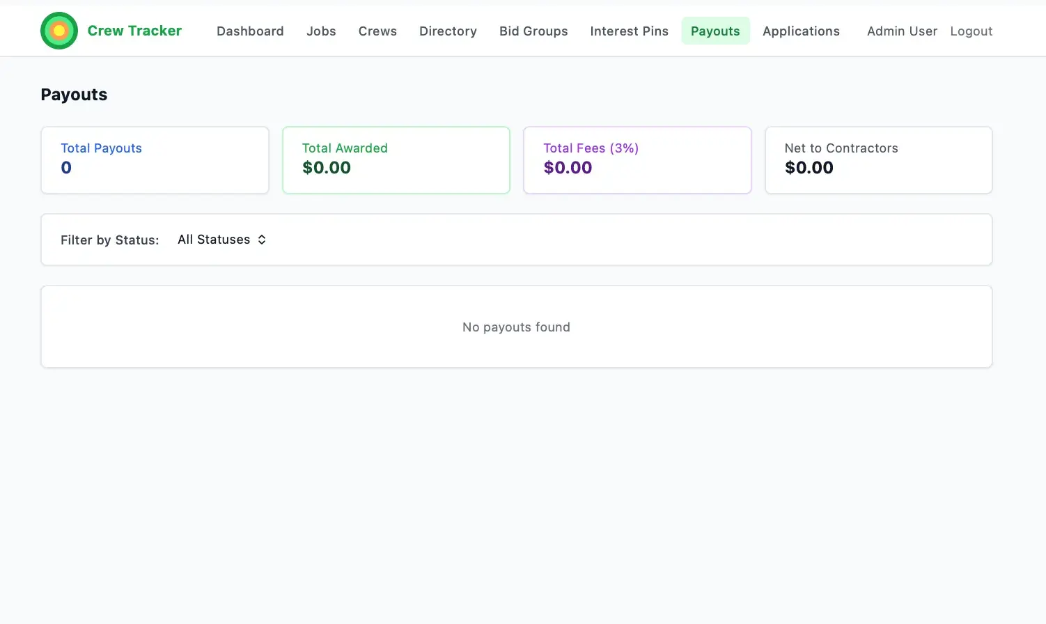 Crew Tracker Payouts page with summary tiles all at zero (total payouts, awarded, 3% fees, net to contractors) and a No payouts found empty state