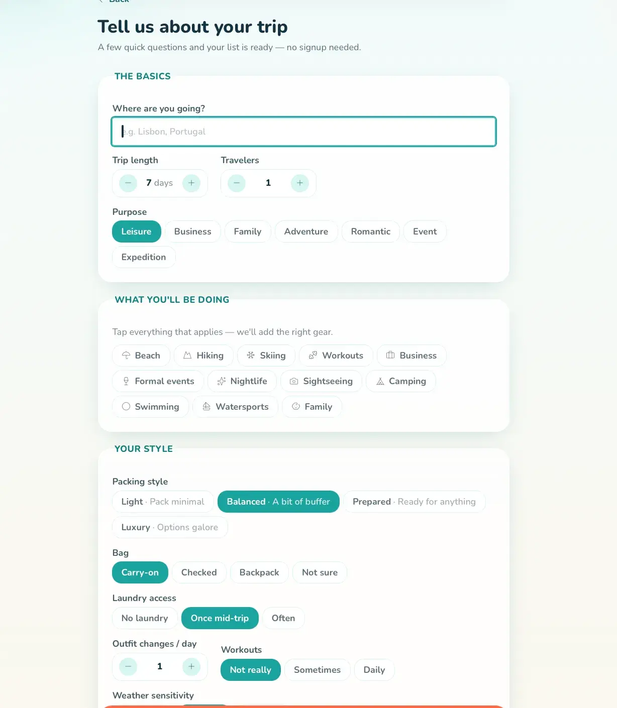 PackPilot 'Tell us about your trip' form with destination, trip length, travelers, purpose, activity chips, packing style, bag type, and laundry options.