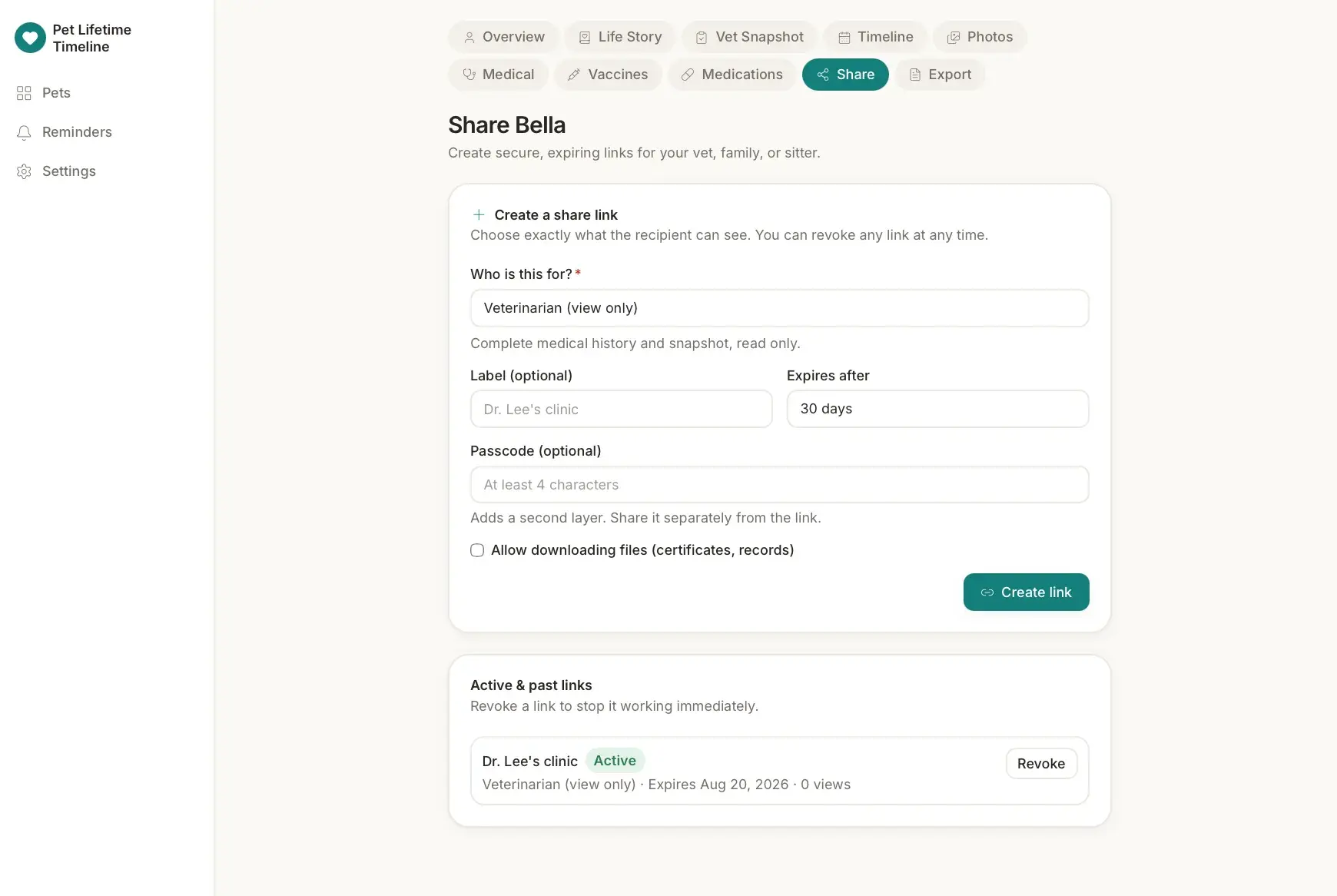 Share Bella page for creating secure expiring links, with recipient type, label, expiry, passcode, and download options, plus one active vet link.