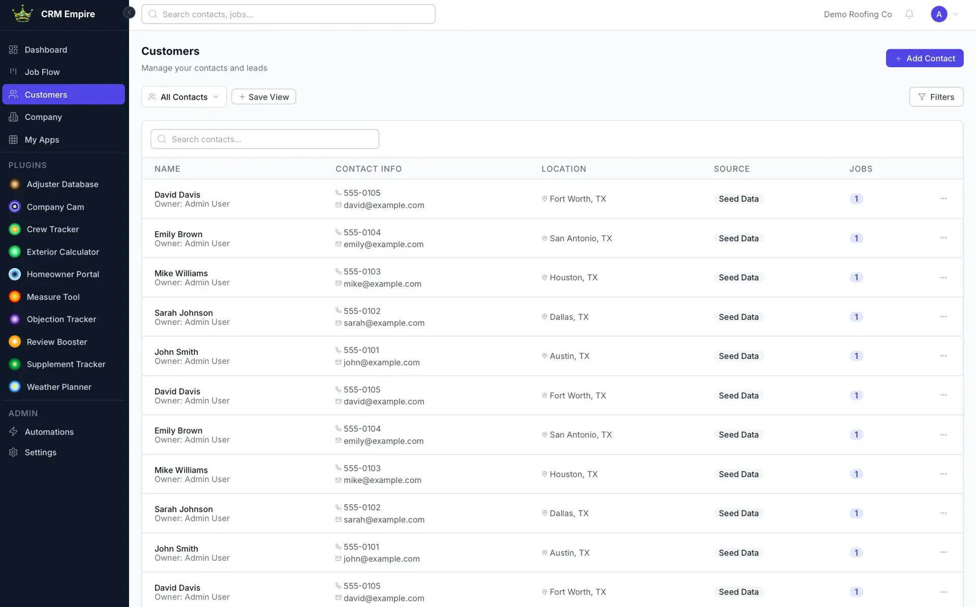 CRM Empire Customers table listing contacts with phone, email, location, source, and job count columns, plus an Add Contact button