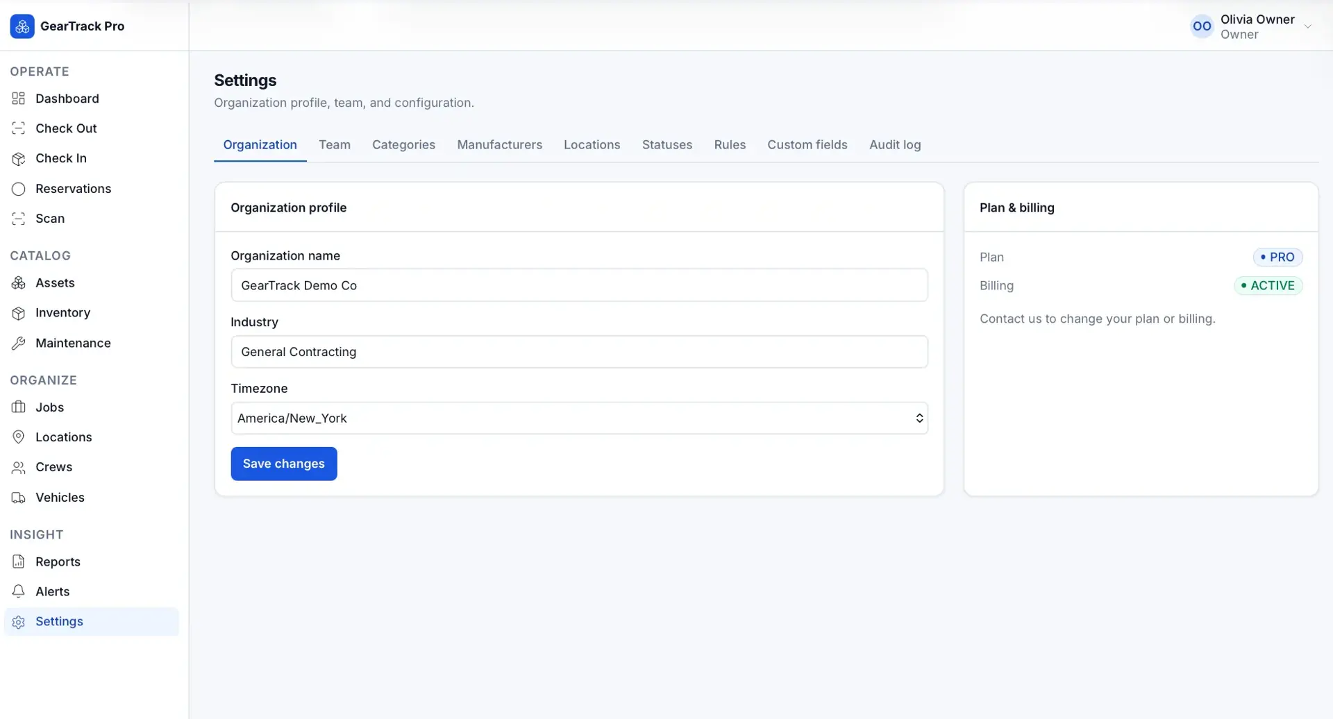 Settings Organization tab for GearTrack Demo Co with organization name, industry, and timezone fields, plus a Plan & billing panel showing a Pro, active plan.