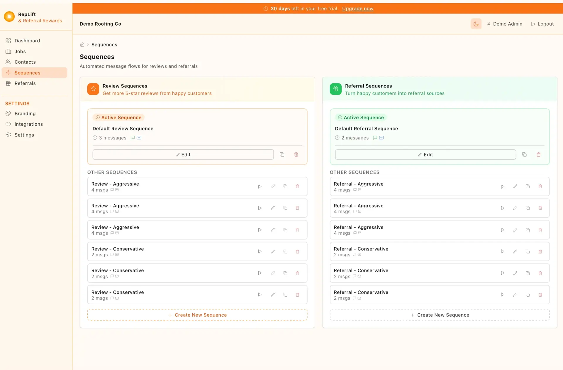 RepLift Sequences page with two columns of automated message flows, Review Sequences and Referral Sequences, each showing an active default and aggressive/conservative variants