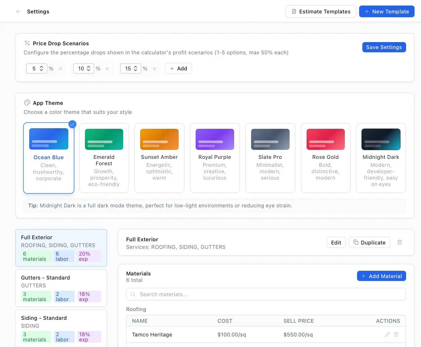 PriceCraft Settings with price-drop scenario percentages, an App Theme picker showing seven color themes, and estimate template cards for Full Exterior, Gutters, and Siding