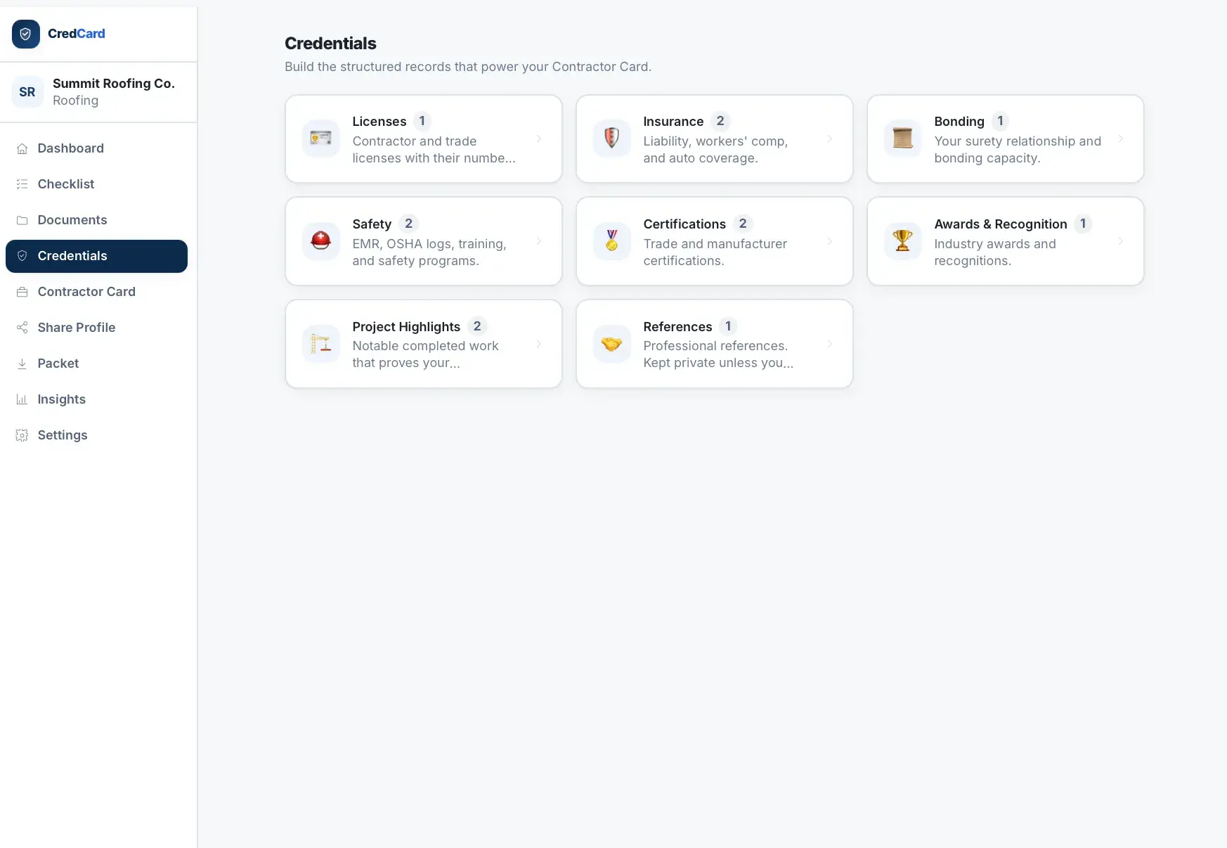 CredCard Credentials page with category tiles (Licenses, Insurance, Bonding, Safety, Certifications, Awards, Project Highlights, References) each showing a record count.