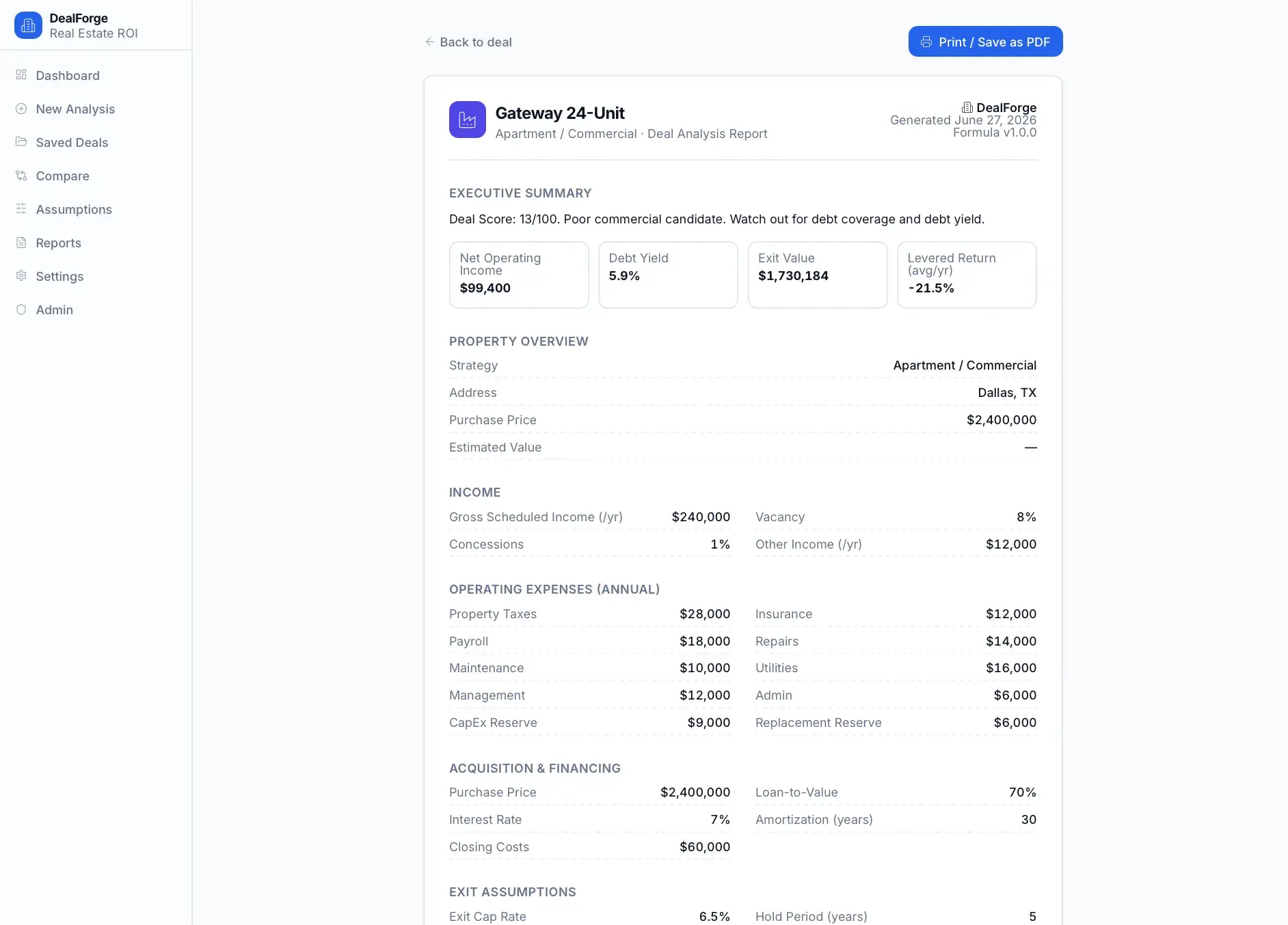 Printable deal analysis report for Gateway 24-Unit with executive summary, key metrics, property overview, income, and operating expenses, plus a Print/Save as PDF button.