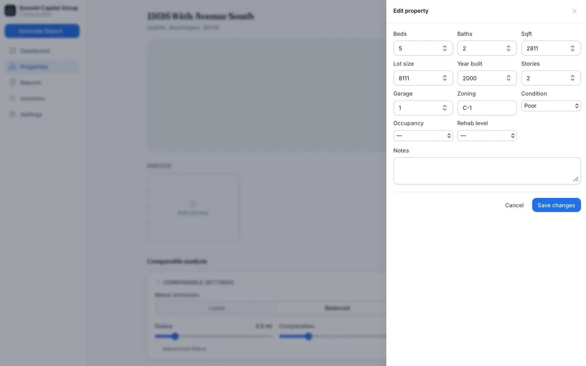 Real estate comp tool with an Edit property panel over a Seattle listing, fields for beds, baths, sqft, lot size, year built, zoning, and condition.