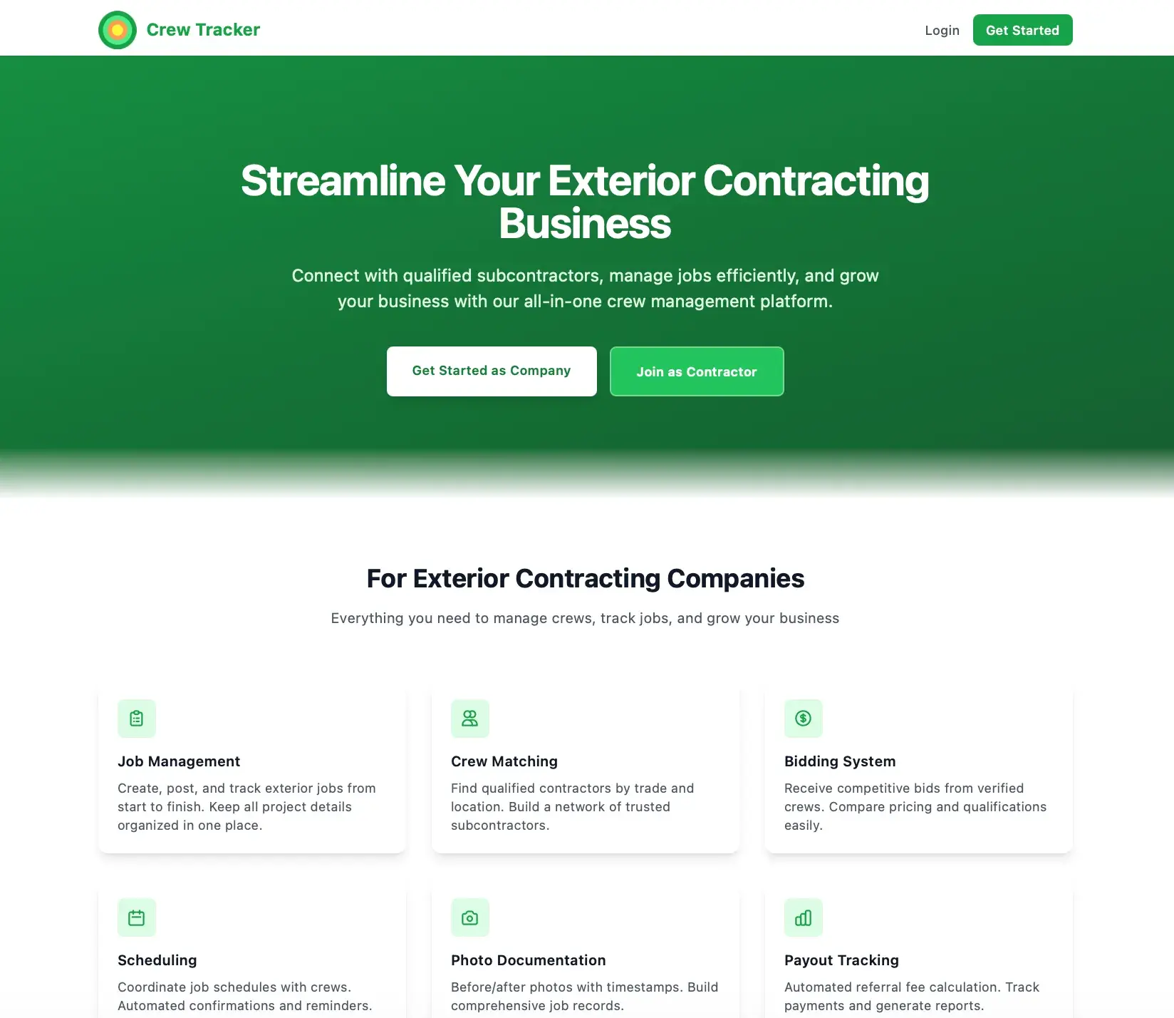 Crew Tracker marketing landing page headlined Streamline Your Exterior Contracting Business with feature cards for job management, crew matching, and bidding