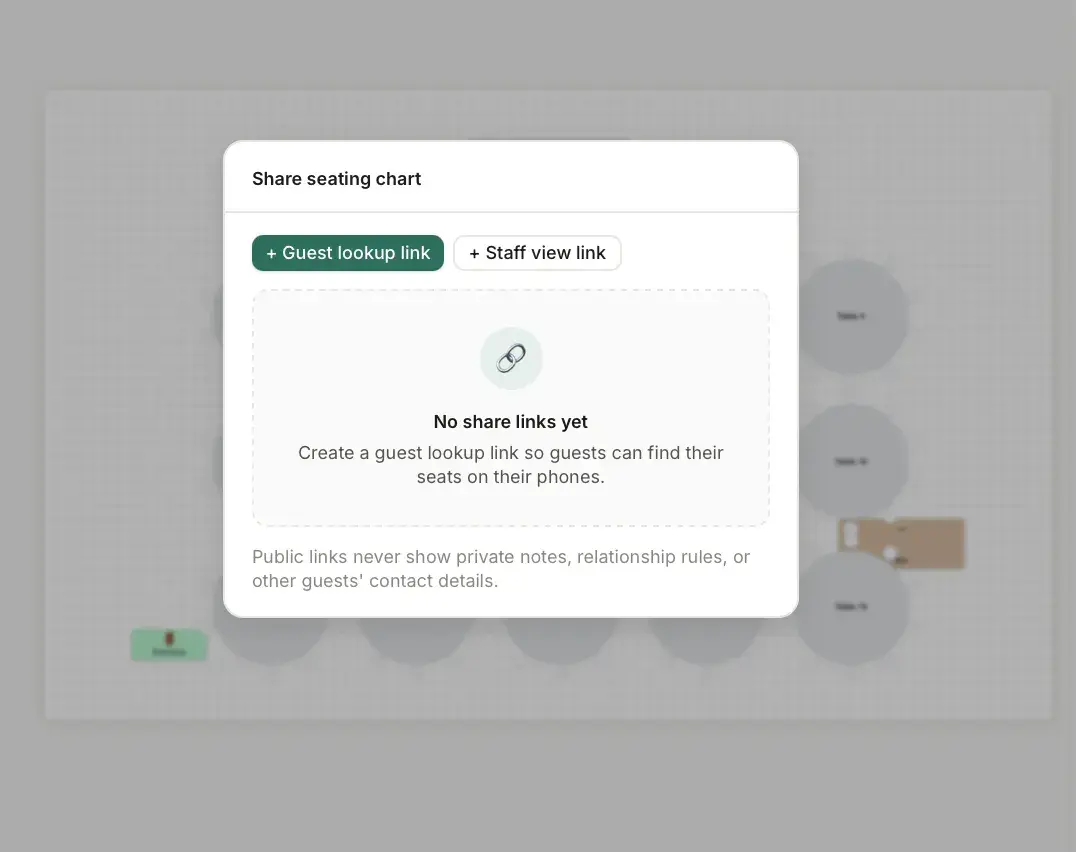 Share seating chart dialog with guest lookup and staff view link options and an empty state reading no share links yet.
