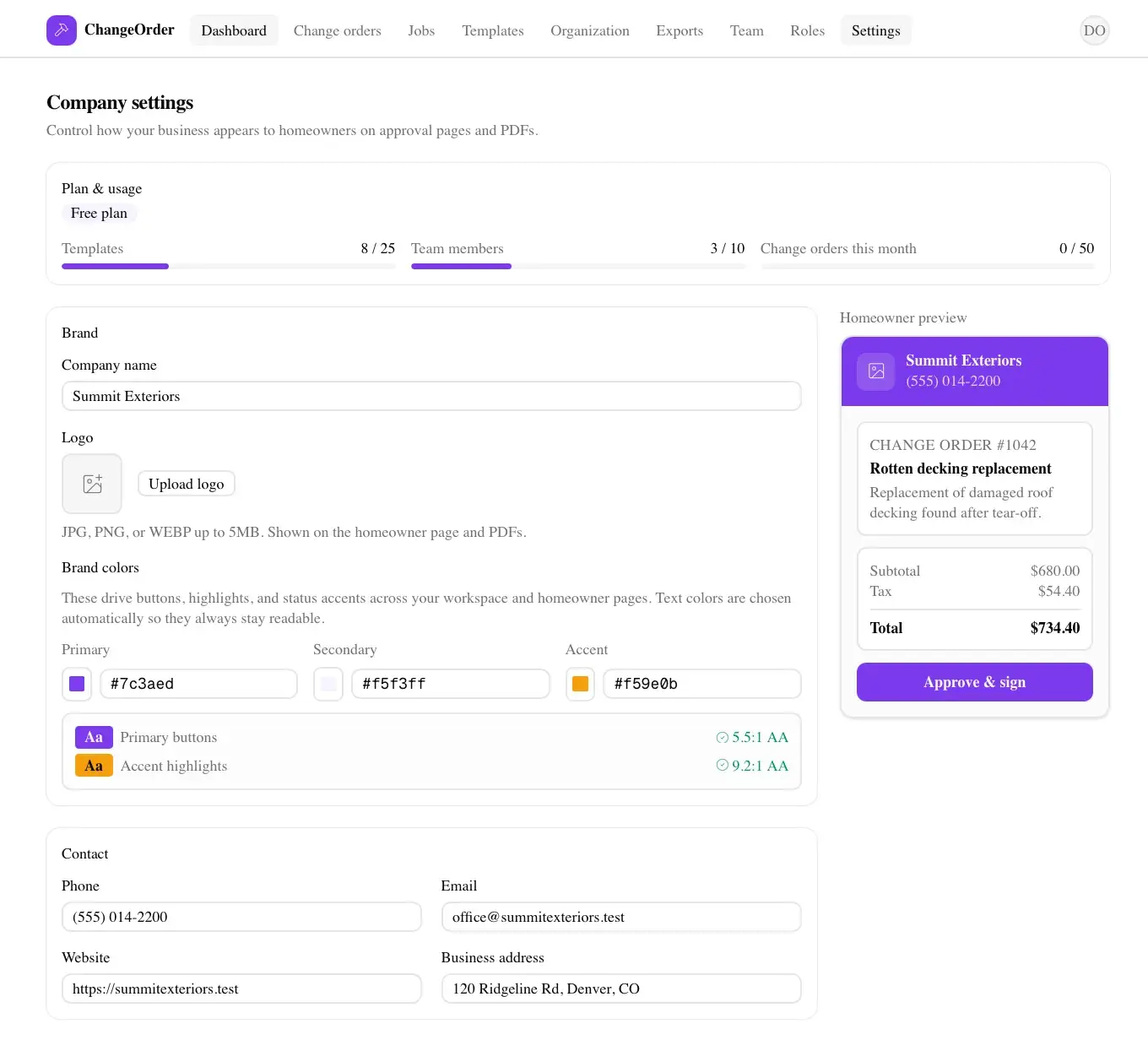 ChangeOrder company settings page: plan and usage meters, a brand form (company name, logo upload, color pickers with contrast checks), a live homeowner-preview card, and contact fields.