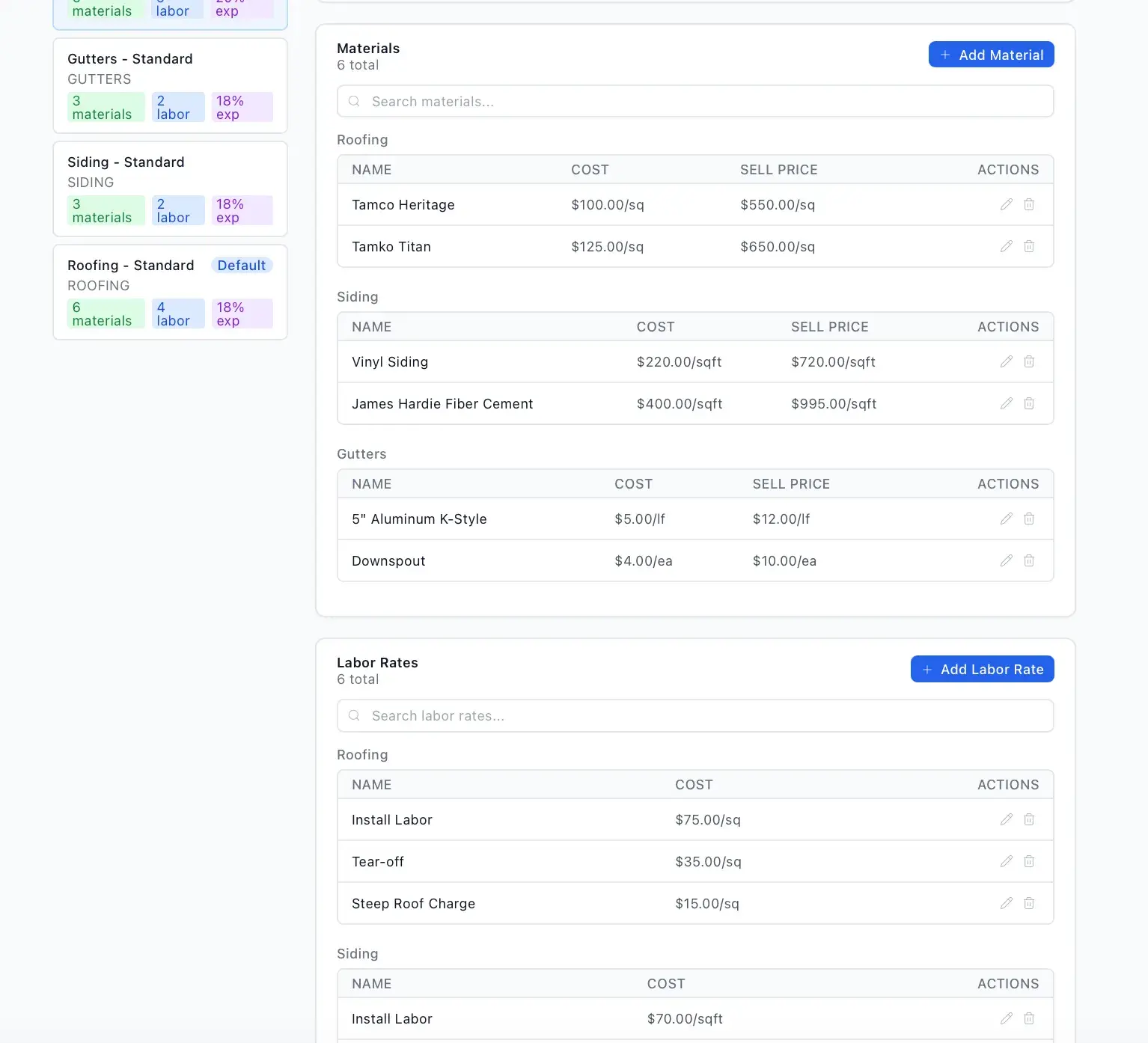 PriceCraft settings Materials and Labor Rates tables listing roofing, siding, and gutter items with per-unit cost and sell prices and edit/delete actions