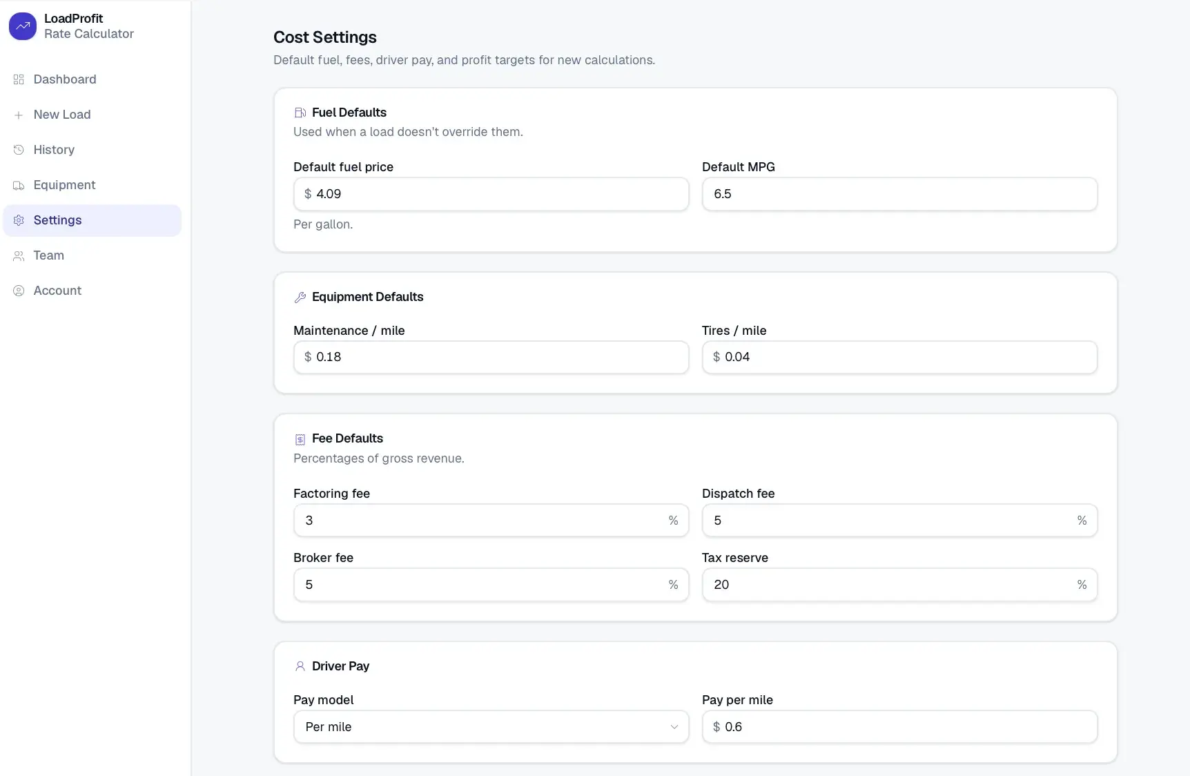 LoadProfit Rate Calculator settings page for default fuel price, MPG, maintenance, tire, fee percentages, tax reserve, and driver pay per mile.