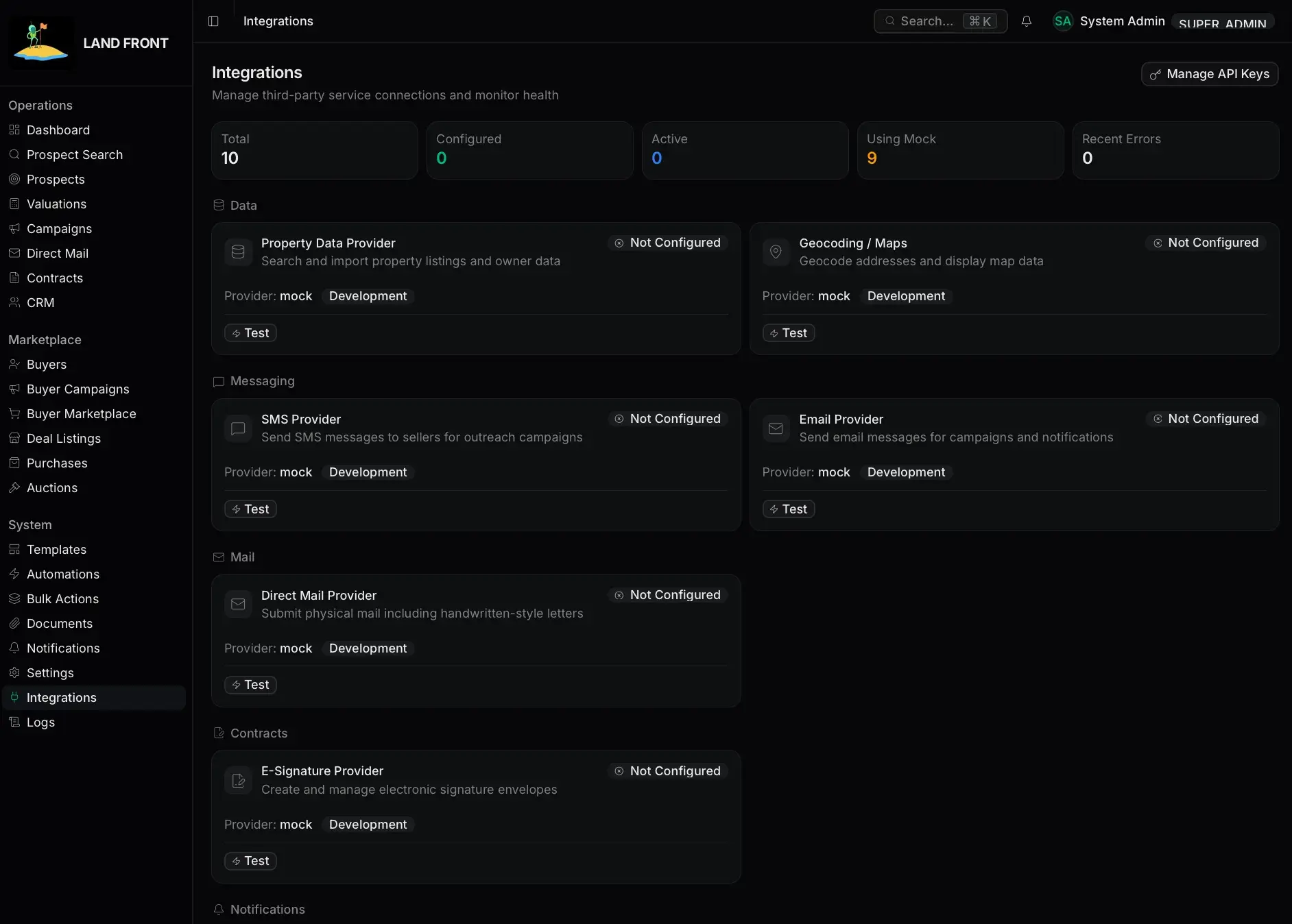 Integrations screen listing data, messaging, mail, and contract providers, all set to mock/development and marked Not Configured, each with a Test button.
