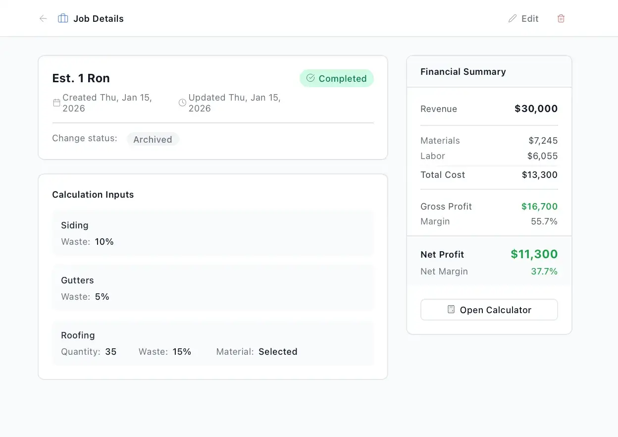 PriceCraft job detail Est. 1 Ron marked Completed, showing a Financial Summary ($30,000 revenue, $16,700 gross profit, $11,300 net profit) and calculation inputs for siding, gutters, and roofing