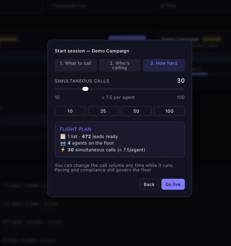 Start session modal, step 3 'How hard', with a simultaneous-calls slider set to 30 and a flight-plan summary of list, agents, and pacing before going live.