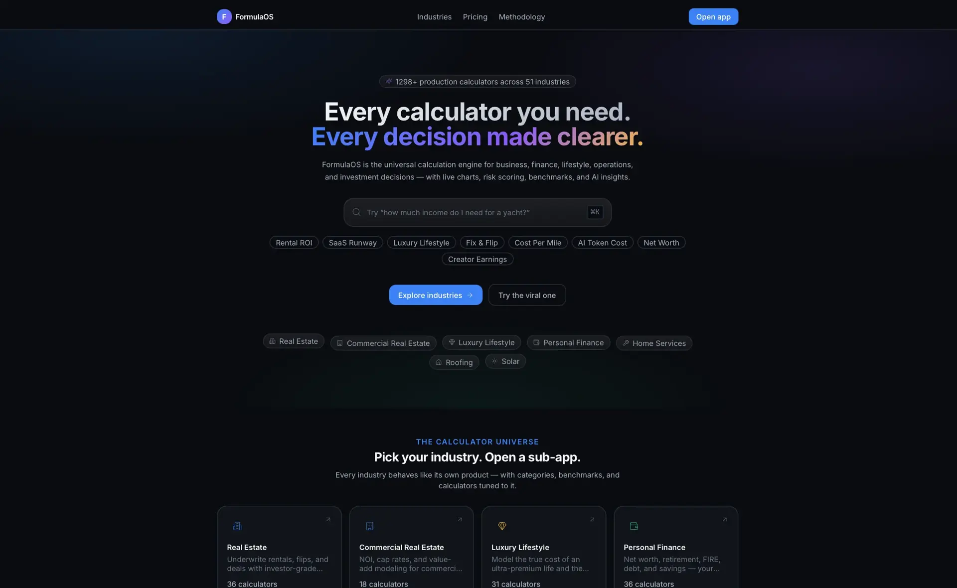 FormulaOS Industry Marketplace grid of industry sub-apps (Construction, SaaS, Education, Real Estate, and more) each showing a calculator count.