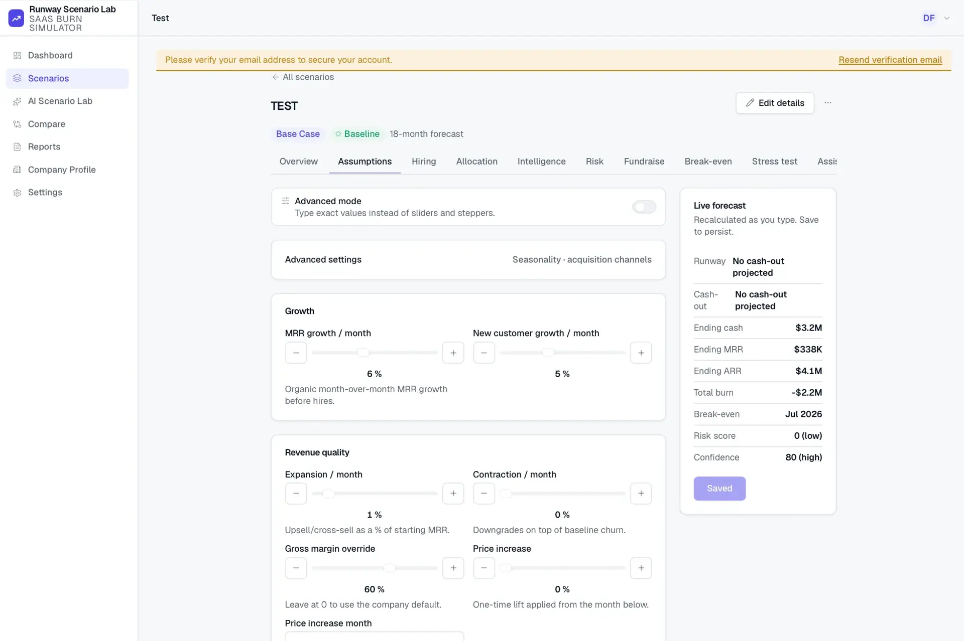 Scenario Assumptions tab with growth and revenue-quality sliders (MRR growth, expansion, gross margin) beside a Live forecast panel recalculated as you type.