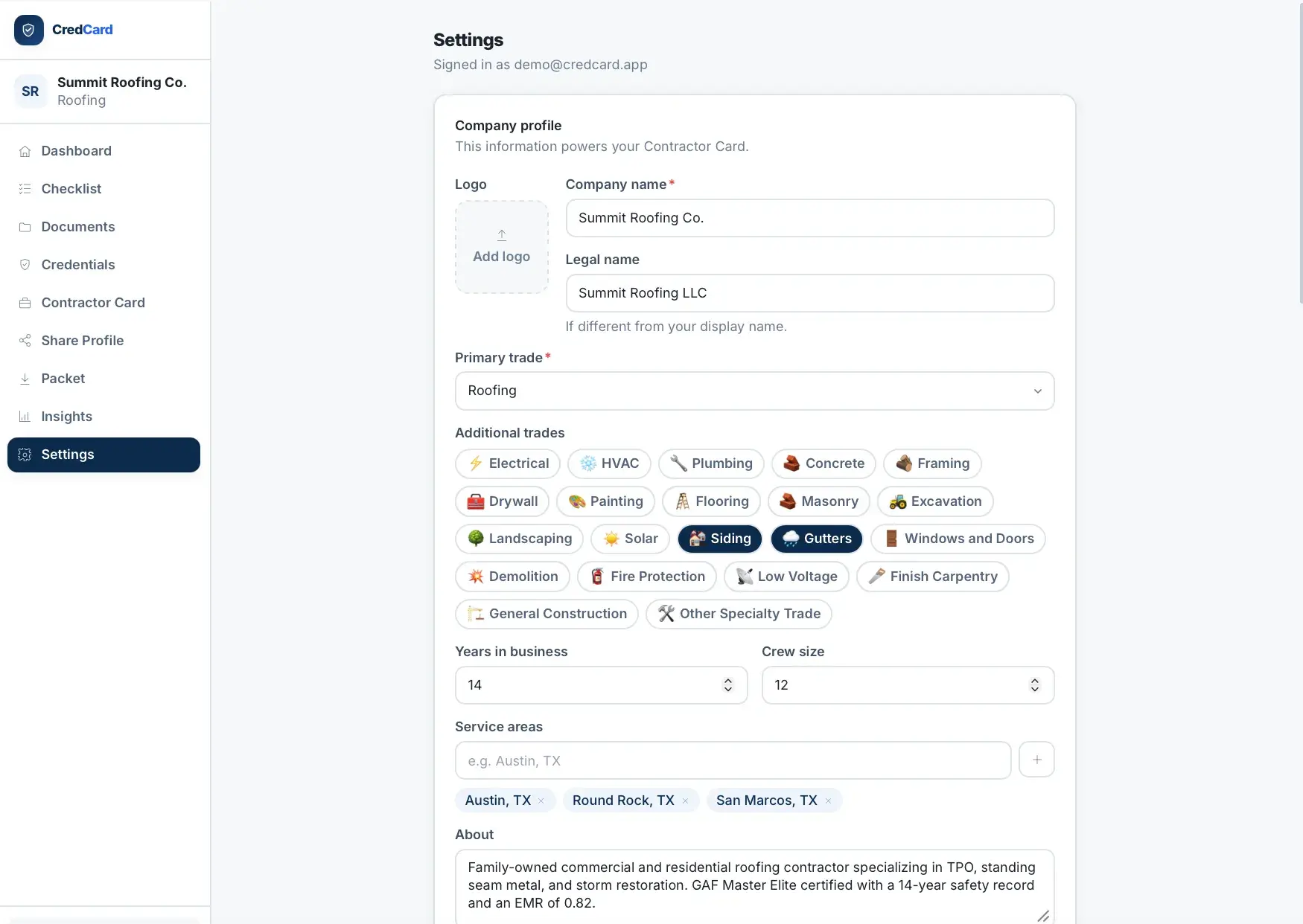 CredCard Settings company-profile form with logo, company and legal name, primary trade dropdown, selectable additional-trade tags, years in business, crew size, and service areas.