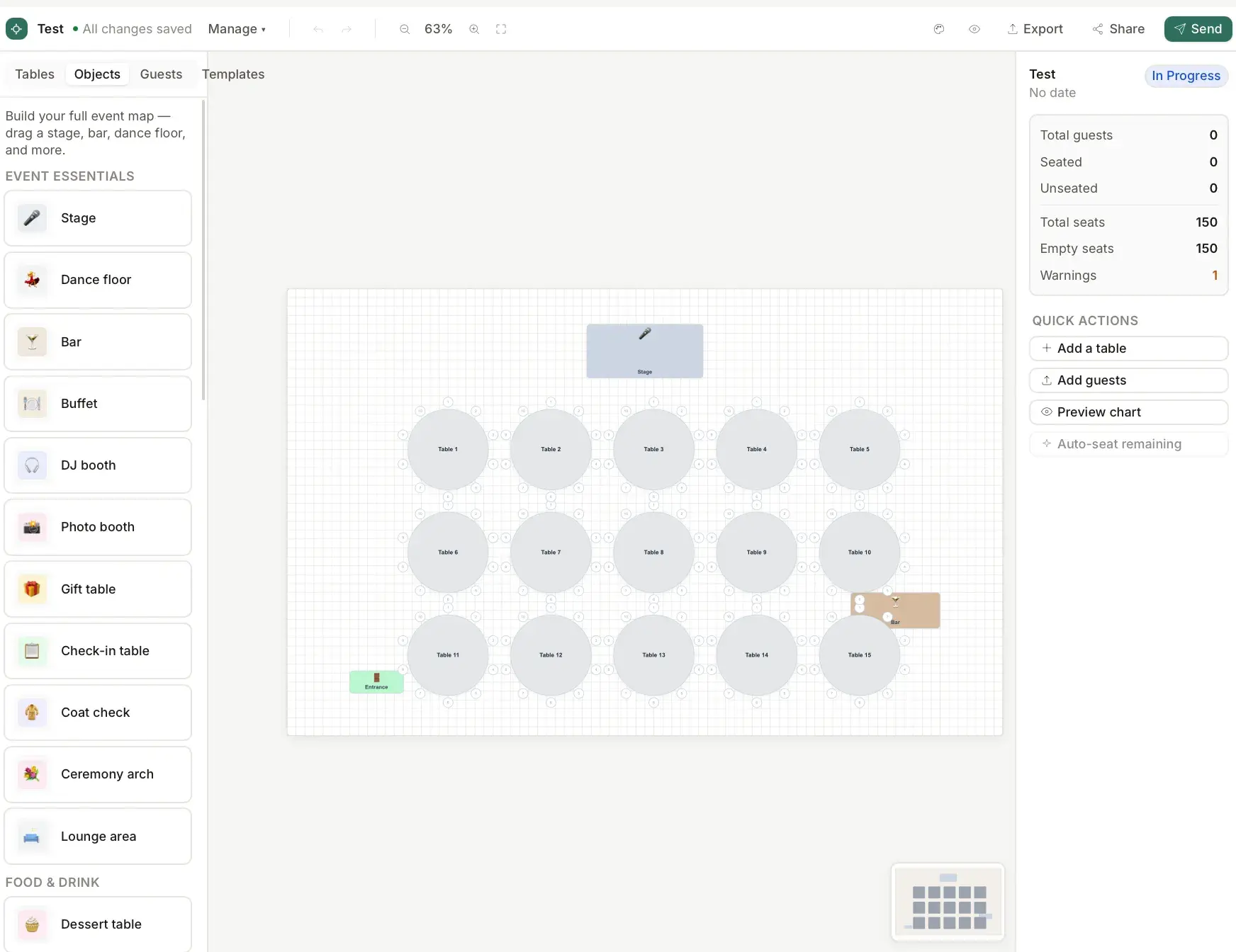 Seatly editor on the Objects tab, offering draggable event items like stage, dance floor, bar, and buffet to place on the floor plan.