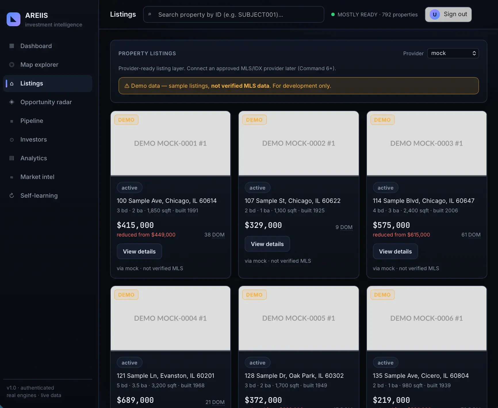 AREIIS property listings grid of demo cards for Chicago-area addresses with prices, beds/baths, DOM, and 'not verified MLS' demo-data warnings