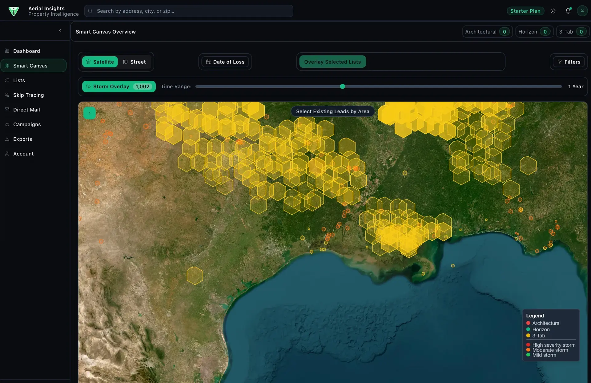 Aerial Insights Smart Canvas showing a satellite map of the Texas Gulf Coast blanketed in yellow storm-overlay hexbins (1,002), with a severity legend and roof-type filters.