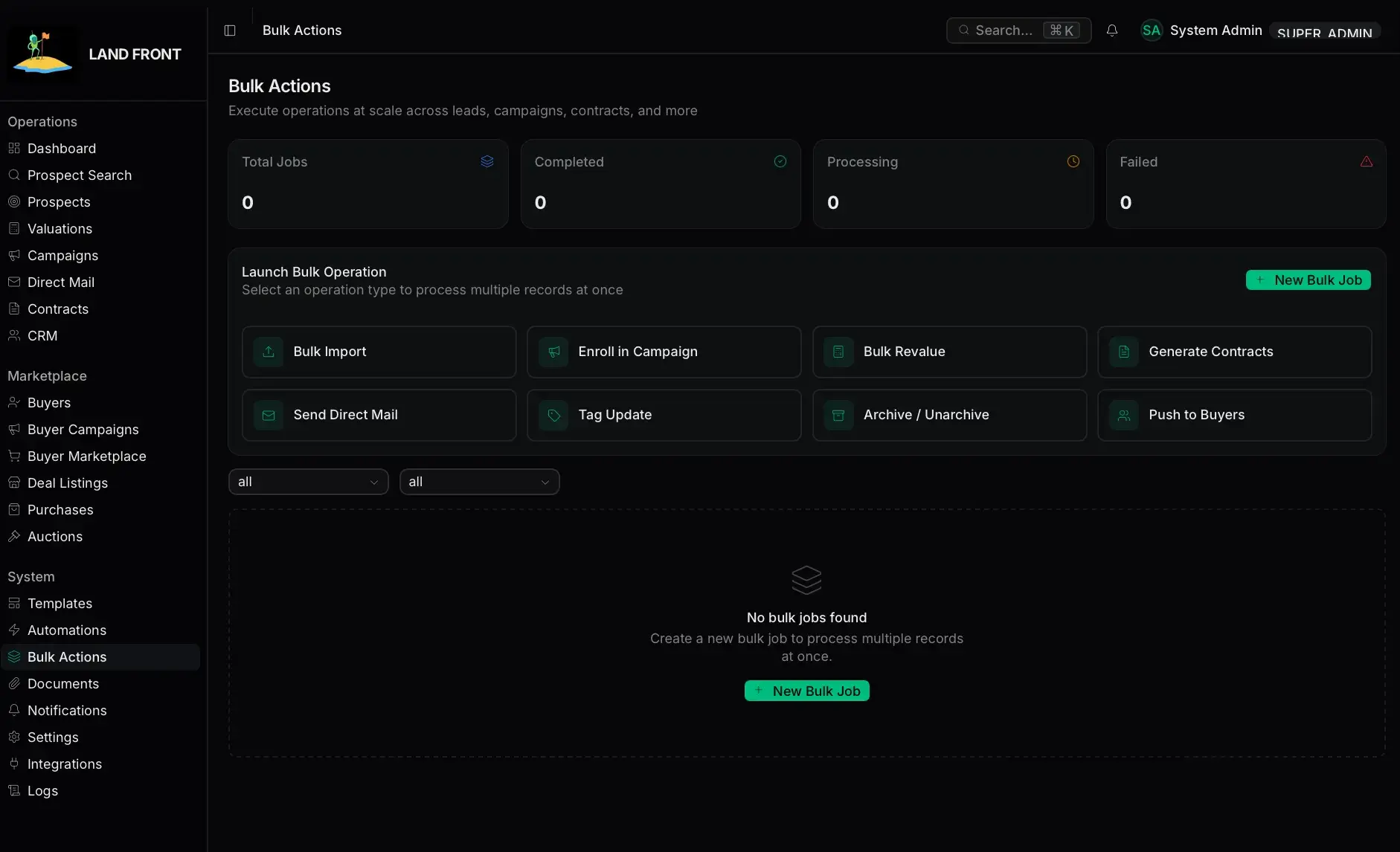 Bulk Actions screen with job status tiles all at zero and a grid of bulk operation types (Bulk Import, Enroll in Campaign, Generate Contracts, etc.) over an empty jobs state.
