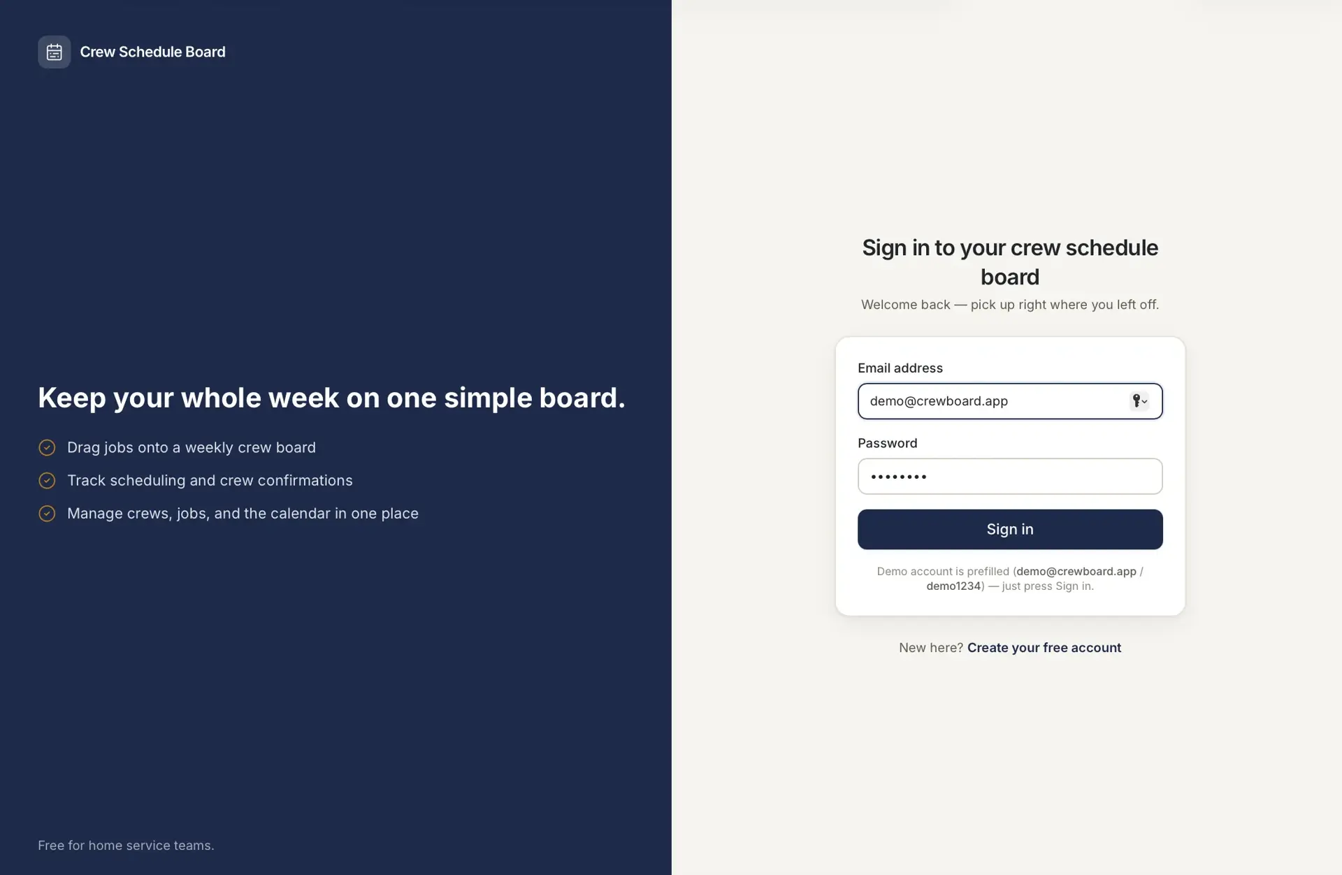 Crew Schedule Board sign-in screen with prefilled demo email and password fields, a Sign in button, and a navy panel listing product features.