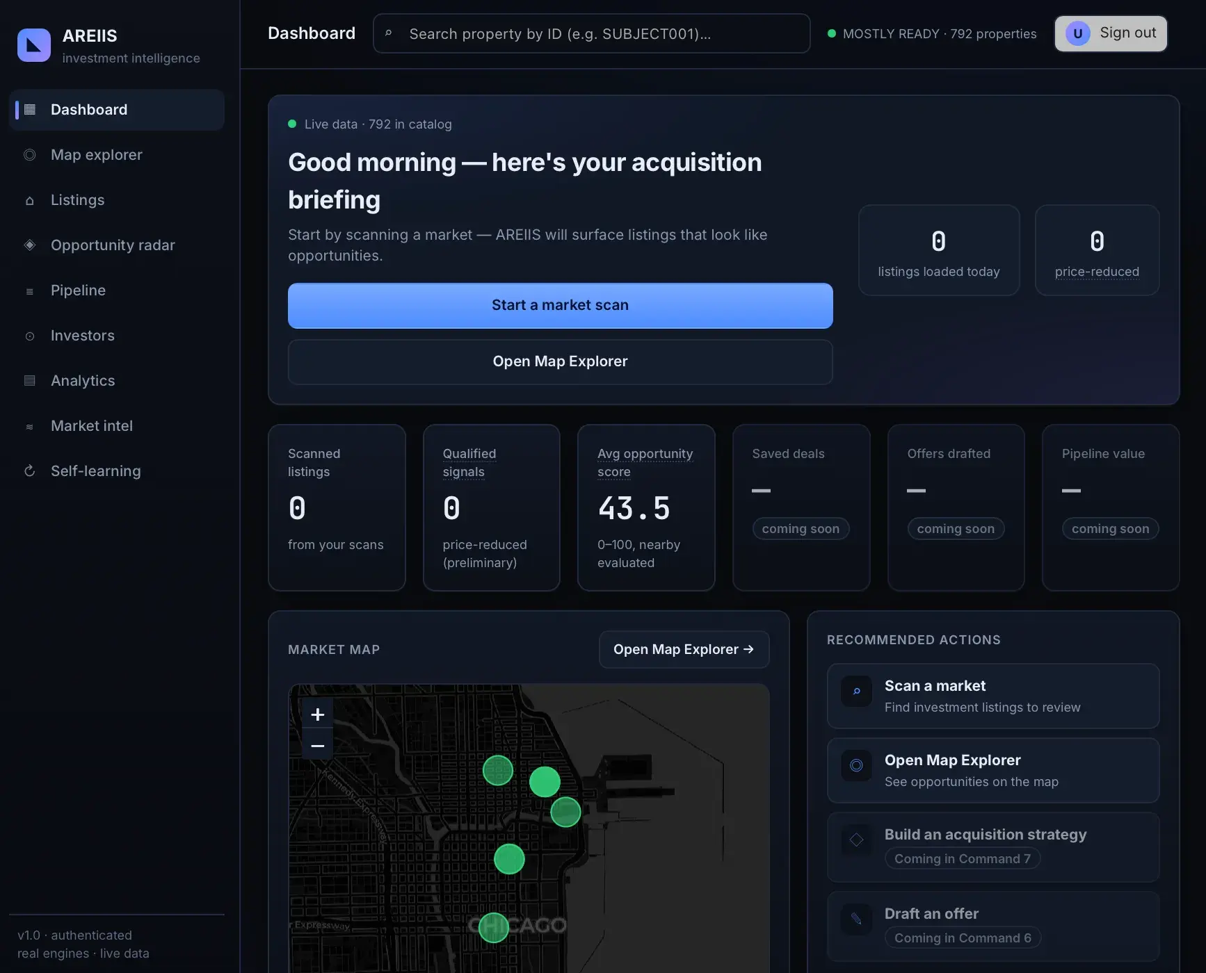 AREIIS real estate investment dashboard with acquisition briefing, market scan button, metric tiles, and a dark Chicago market map with green markers