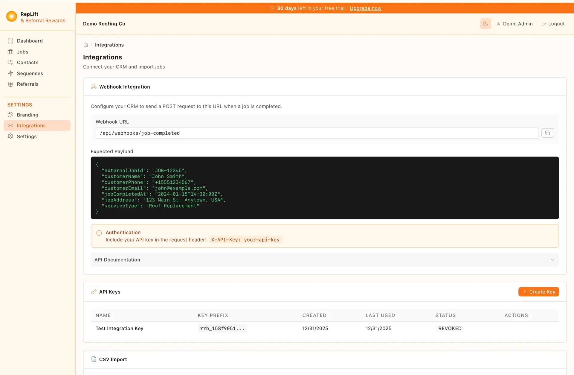 RepLift Integrations page with a webhook URL, an expected JSON payload block, API-key authentication note, and an API Keys table showing one revoked key