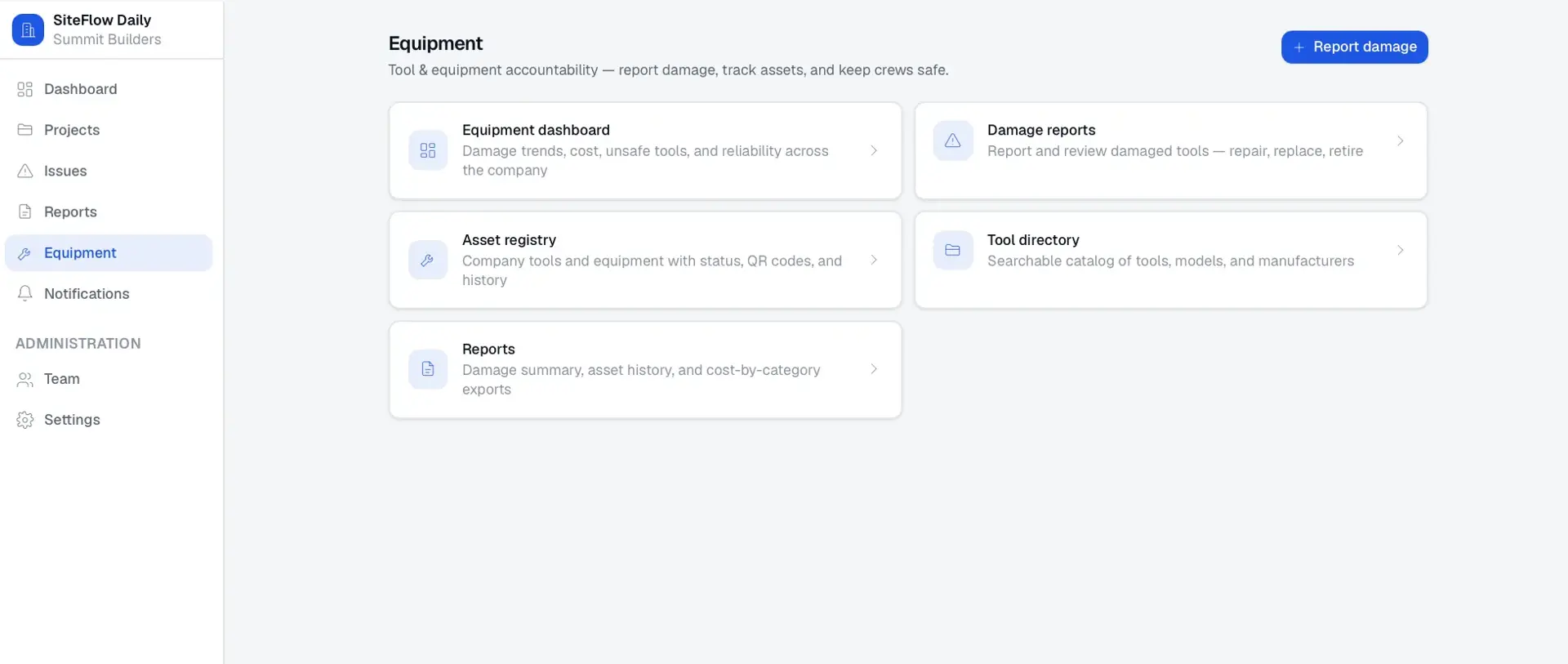 SiteFlow Equipment hub with cards linking to equipment dashboard, damage reports, asset registry, tool directory, and reports, plus a Report damage button