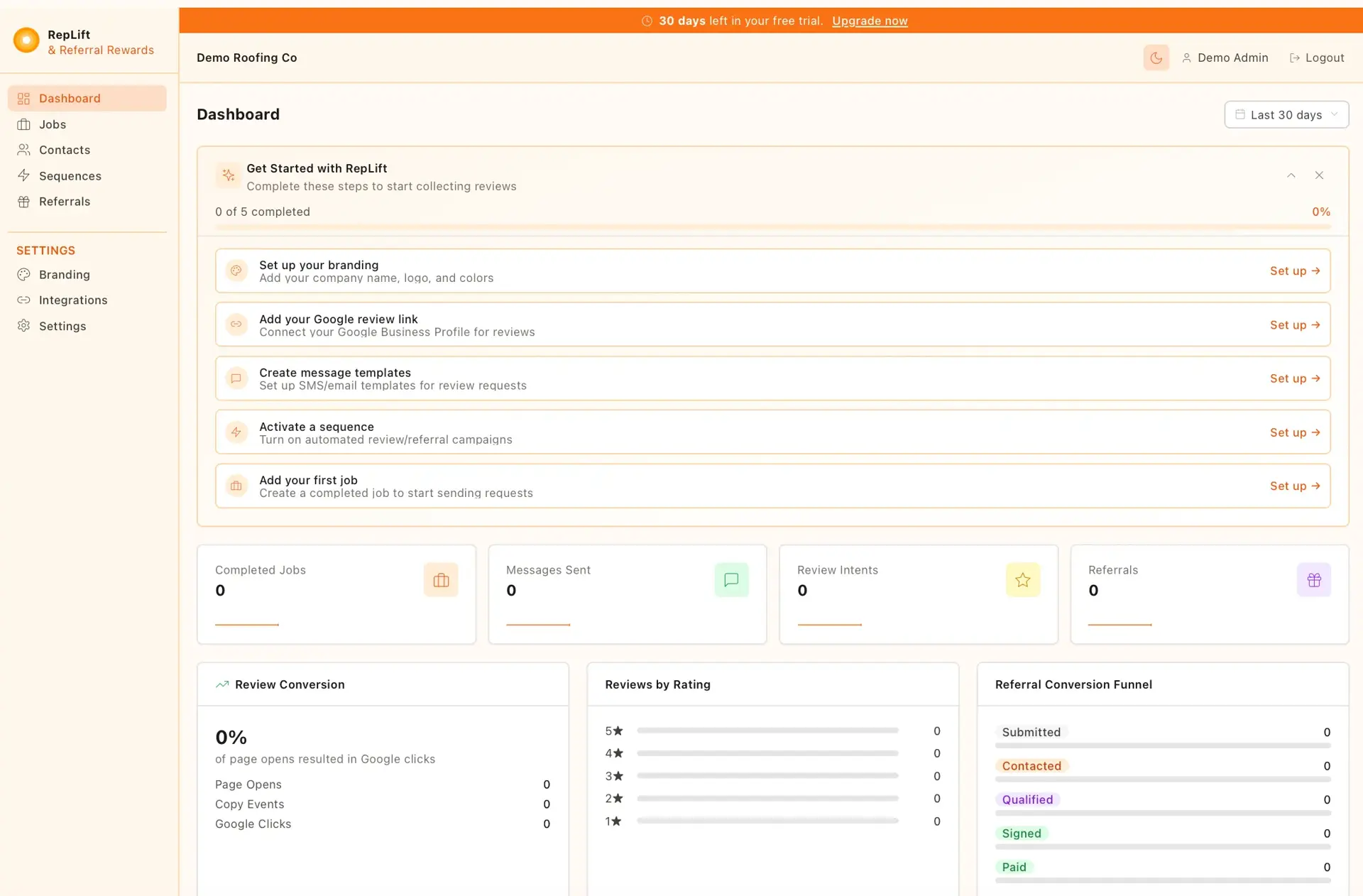 RepLift dashboard for Demo Roofing Co with a 0-of-5 getting-started checklist, metric tiles all at zero, and review conversion, reviews-by-rating, and referral funnel panels
