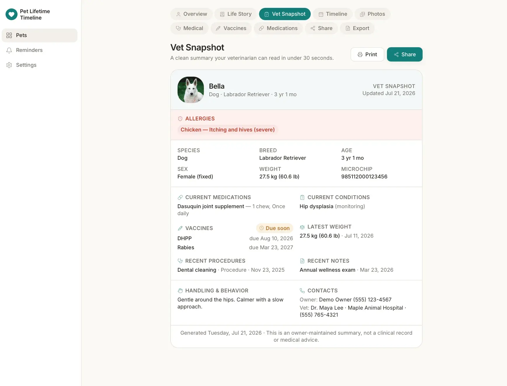Vet Snapshot for Bella summarizing allergies, species, medications, conditions, vaccines due, recent procedures, and contacts for a vet to read quickly.