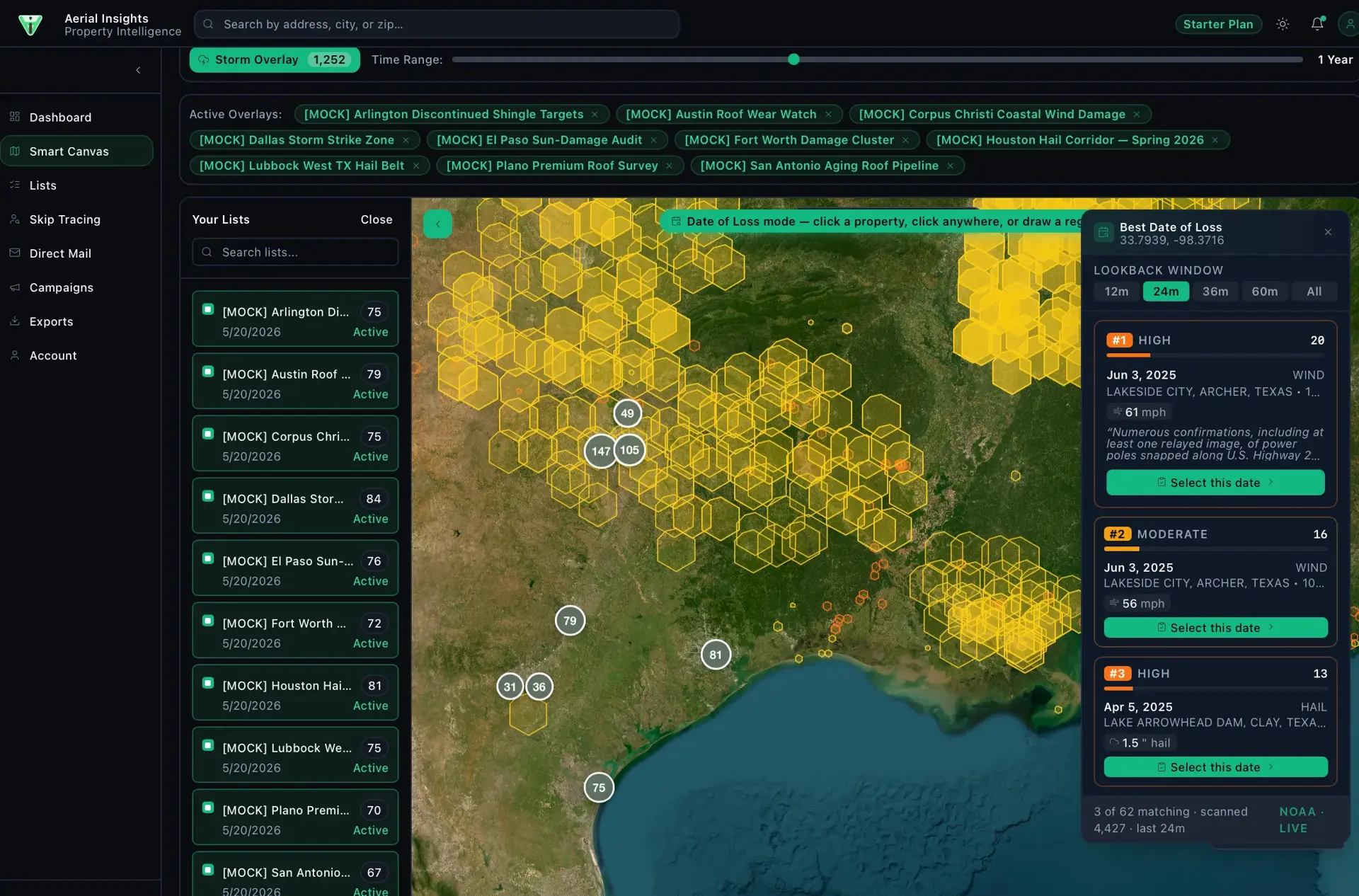 Aerial Insights Smart Canvas in Date-of-Loss mode: a storm-hexbin map with a ranked 'Best Date of Loss' panel listing high/moderate wind and hail events with dates, wind speeds, and select buttons.