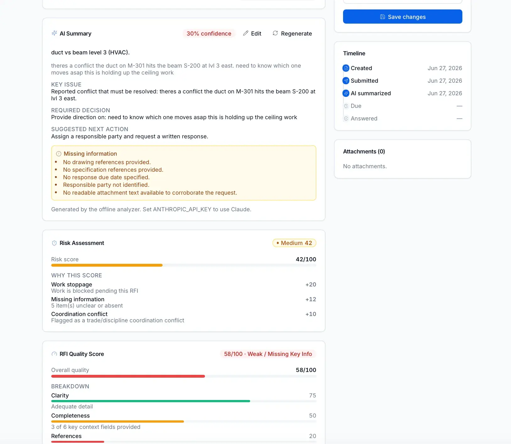 Scrolled RFI detail showing the AI summary with key issue and missing-information list, a Risk Assessment scored 42/100 Medium with scoring reasons, and an RFI quality score of 58/100.