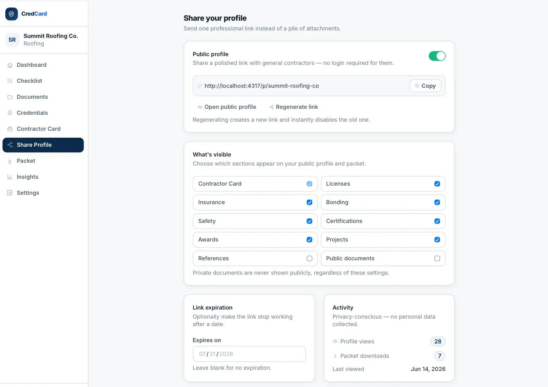 CredCard Share Profile page with a public-link toggle and copyable URL, section-visibility checkboxes, a link expiration date, and an activity panel of profile views and downloads.