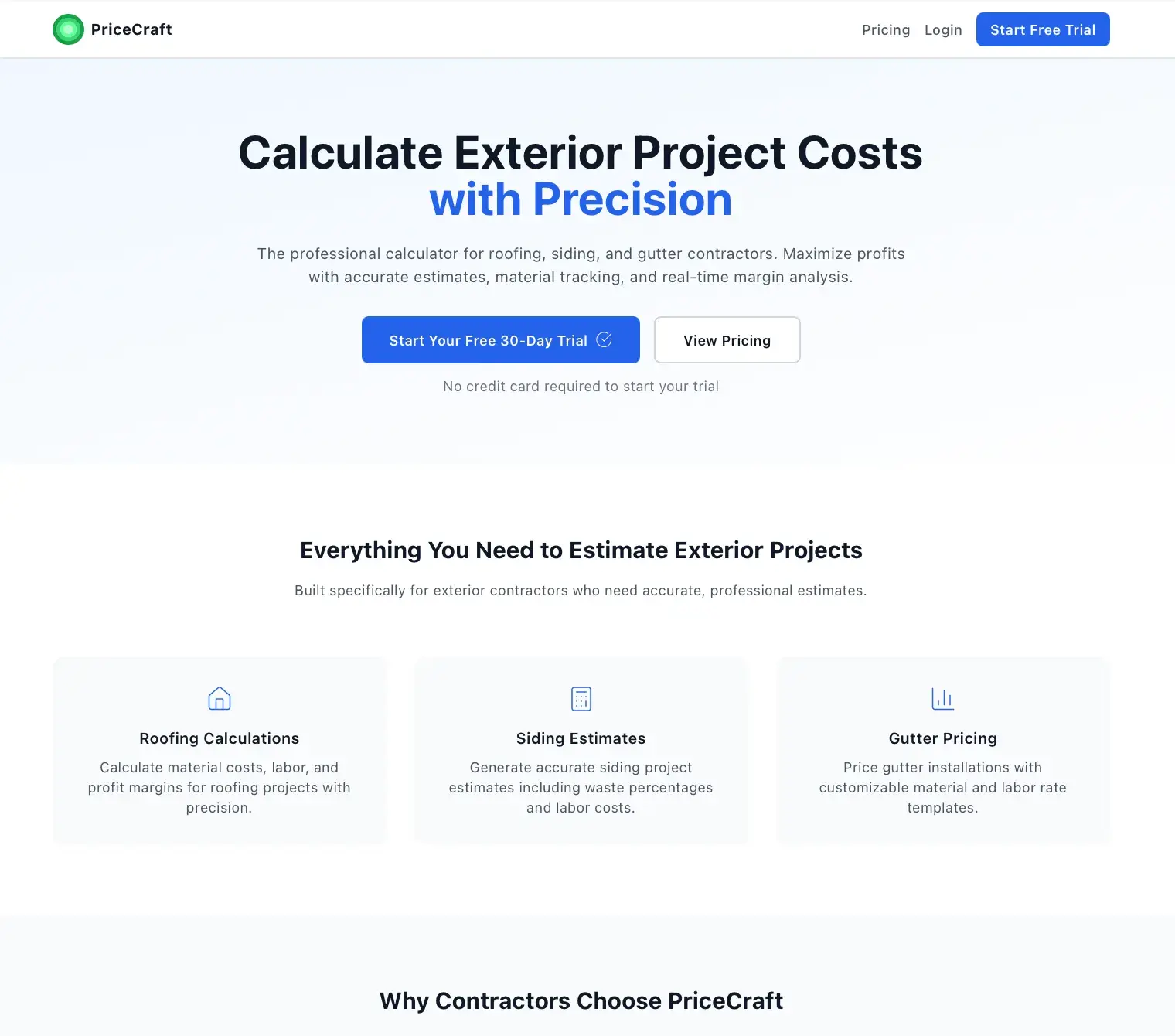 PriceCraft estimating landing page headlined Calculate Exterior Project Costs with Precision, with trial buttons and feature cards for roofing, siding, and gutter pricing