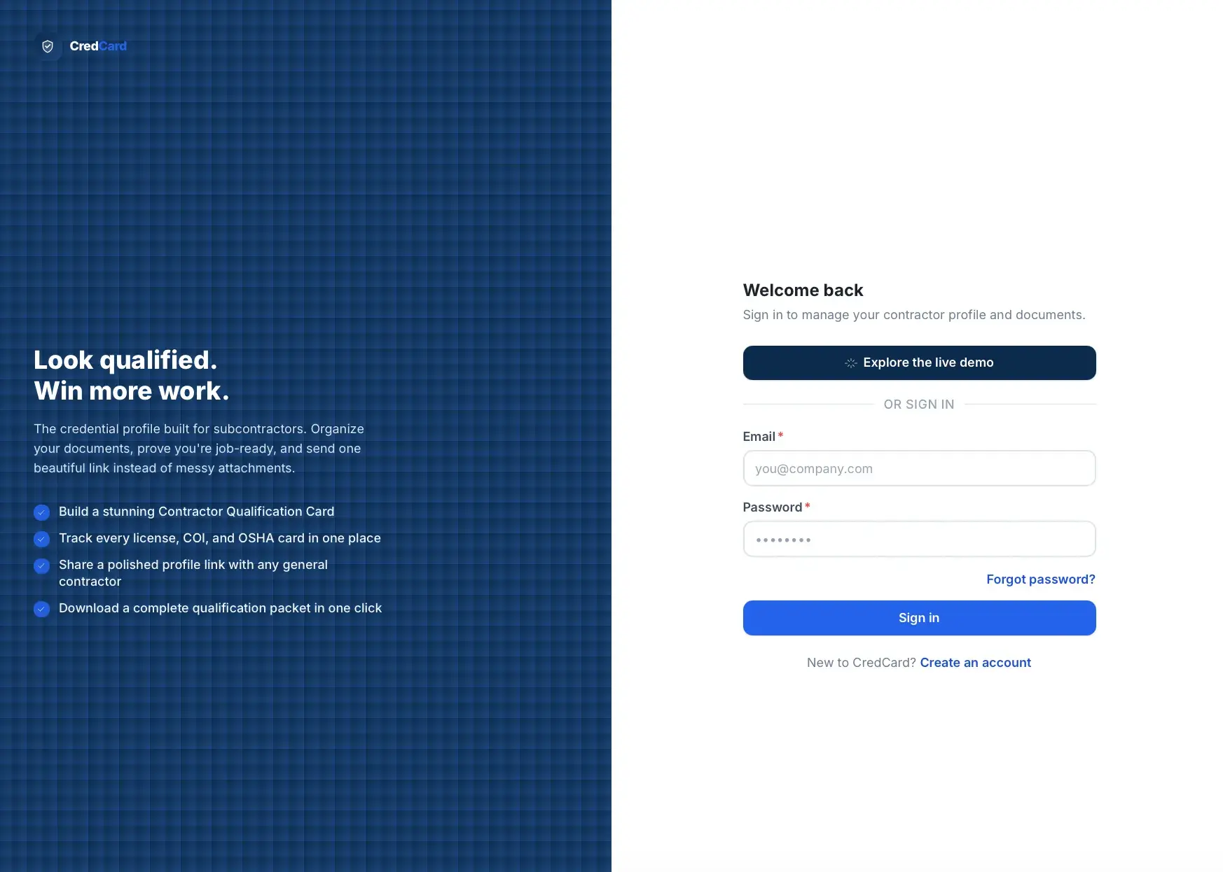 CredCard sign-in page for subcontractors with a dark feature panel ('Look qualified. Win more work.') and an email/password form plus an Explore the live demo button.