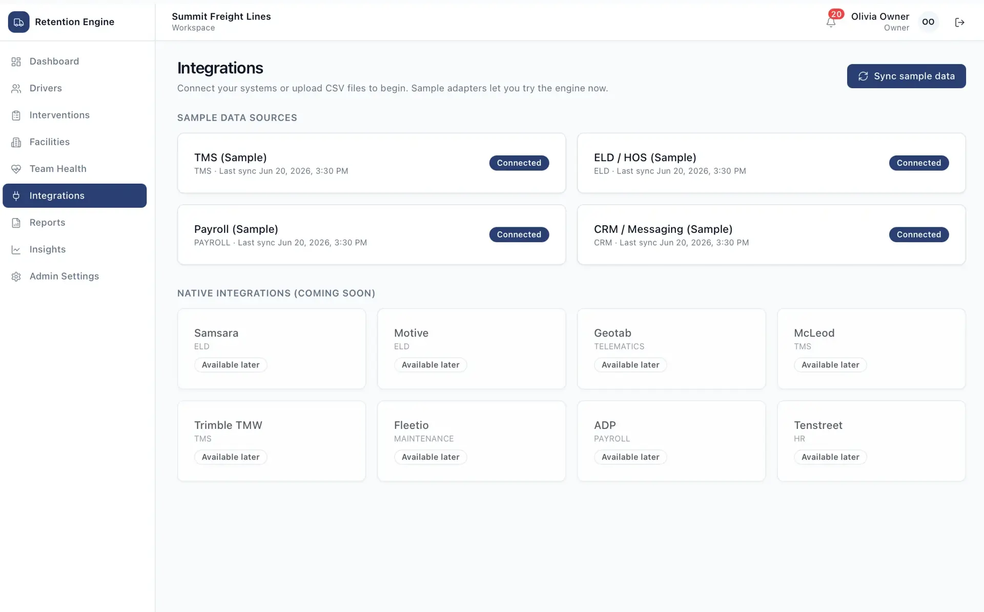 Integrations page with connected sample data sources (TMS, ELD/HOS, Payroll, CRM) and a grid of coming-soon native integrations like Samsara, Motive, and Geotab.